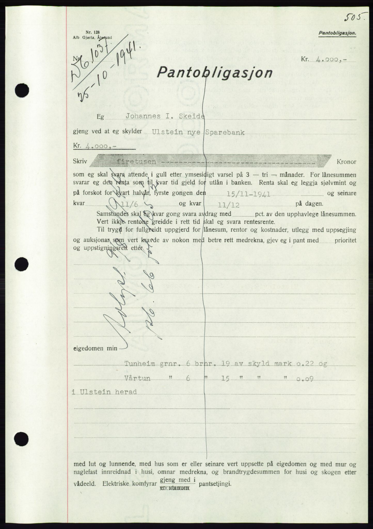 Søre Sunnmøre sorenskriveri, AV/SAT-A-4122/1/2/2C/L0071: Mortgage book no. 65, 1941-1941, Diary no: : 1037/1941