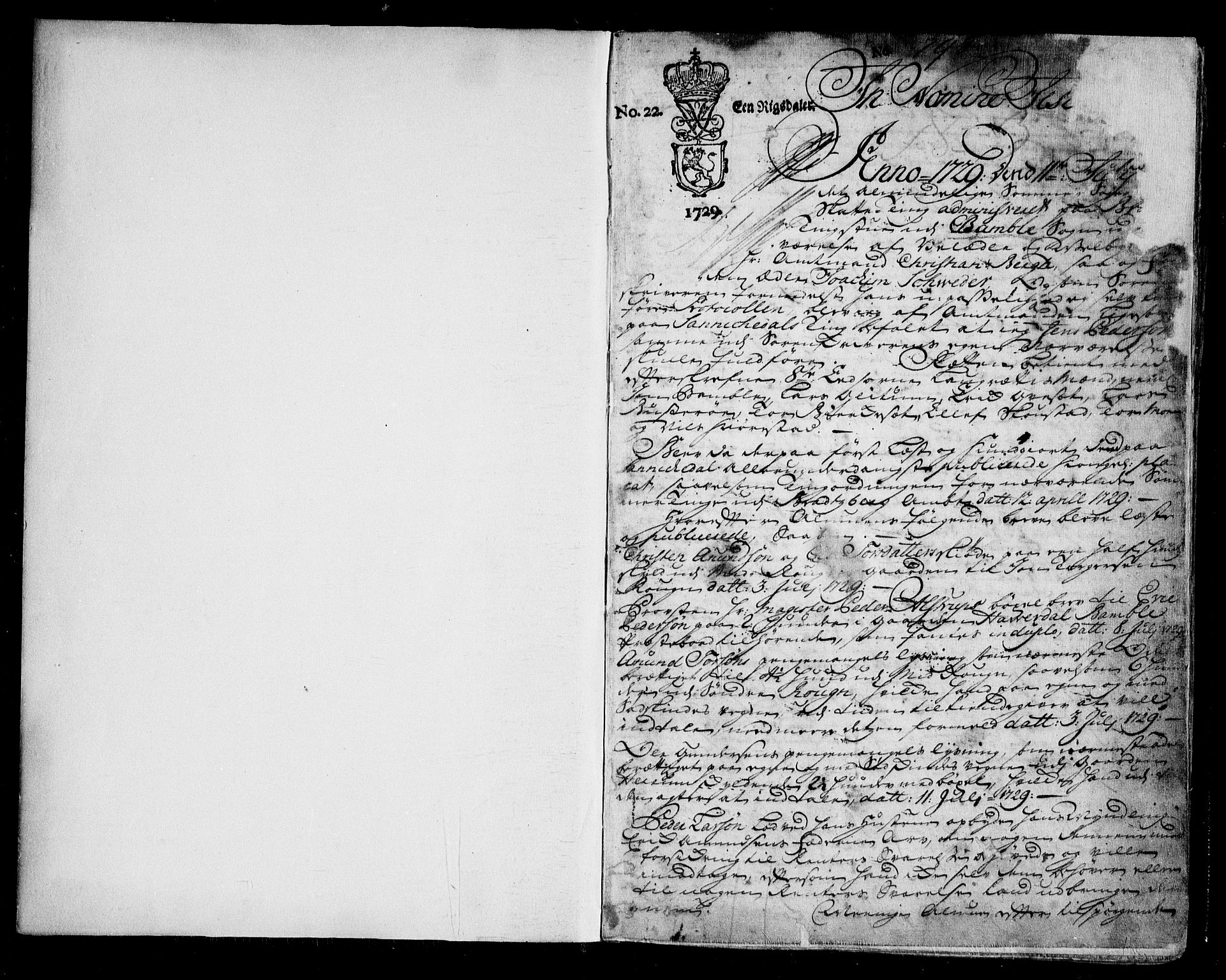 Bamble sorenskriveri, AV/SAKO-A-214/F/Fa/Faa/L0011: Tingbok, 1729-1756, p. 1