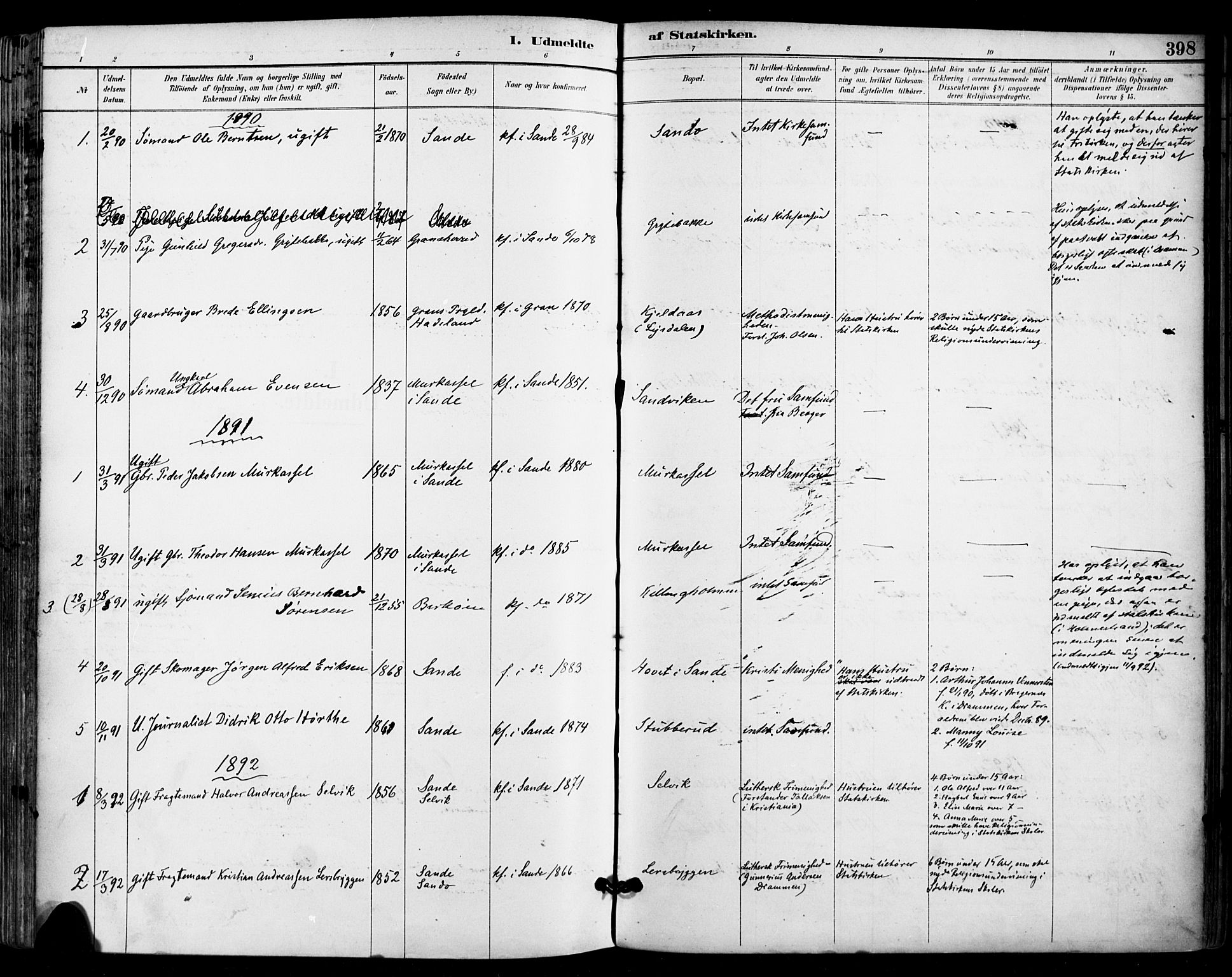 Sande Kirkebøker, SAKO/A-53/F/Fa/L0007: Parish register (official) no. 7, 1888-1903, p. 398