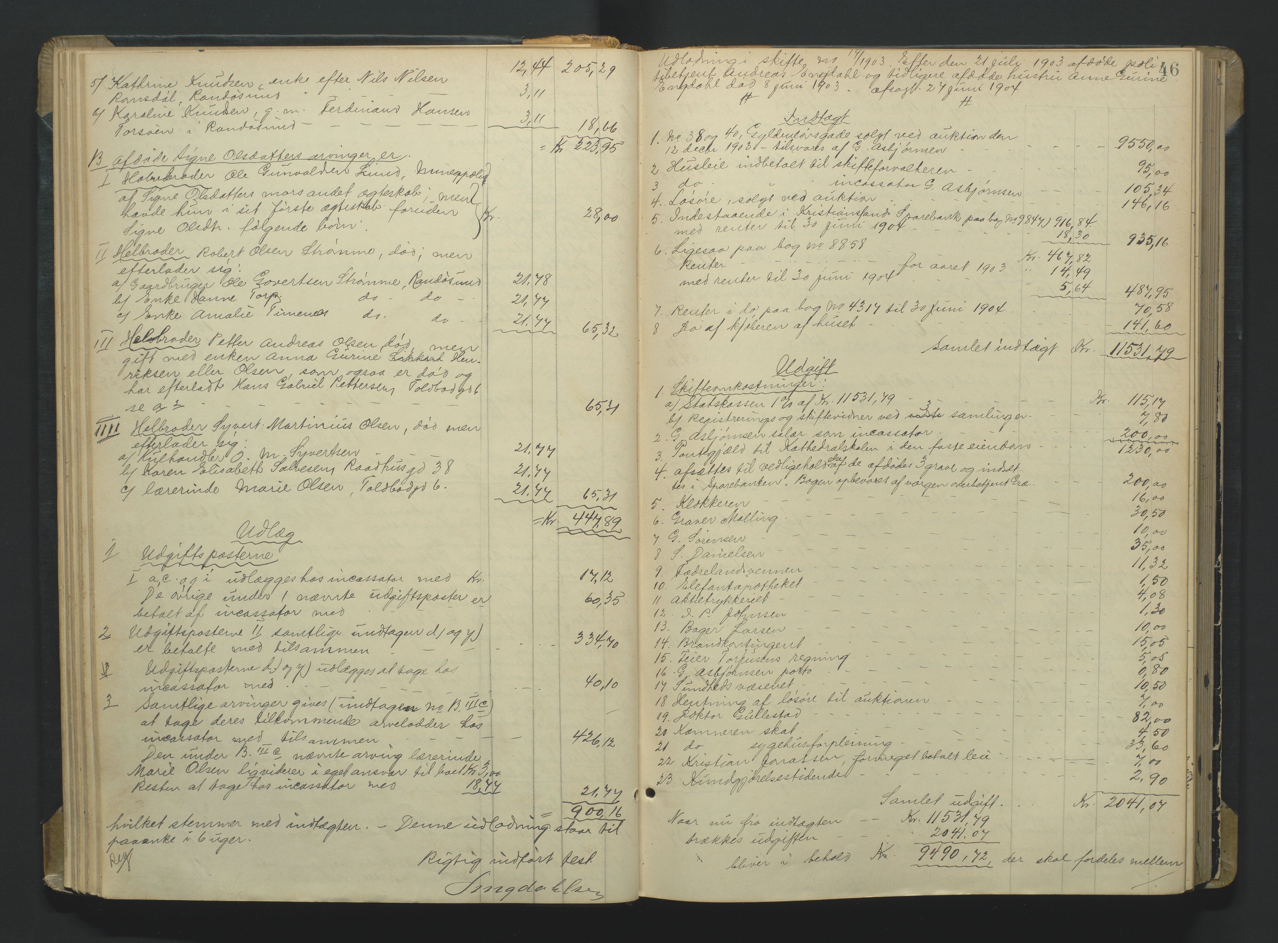 Kristiansand byrett, AV/SAK-1223-0001/H/Hc/L0060: Skifteutlodningsprotokoll nr. 6, med register, 1903-1916, p. 46