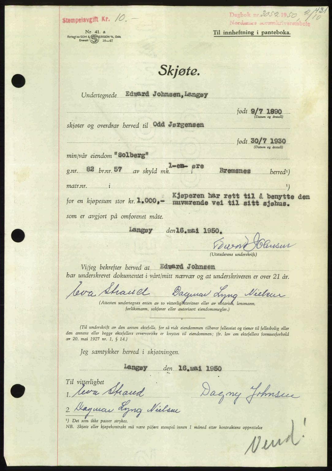 Nordmøre sorenskriveri, AV/SAT-A-4132/1/2/2Ca: Mortgage book no. A116, 1950-1950, Diary no: : 3052/1950