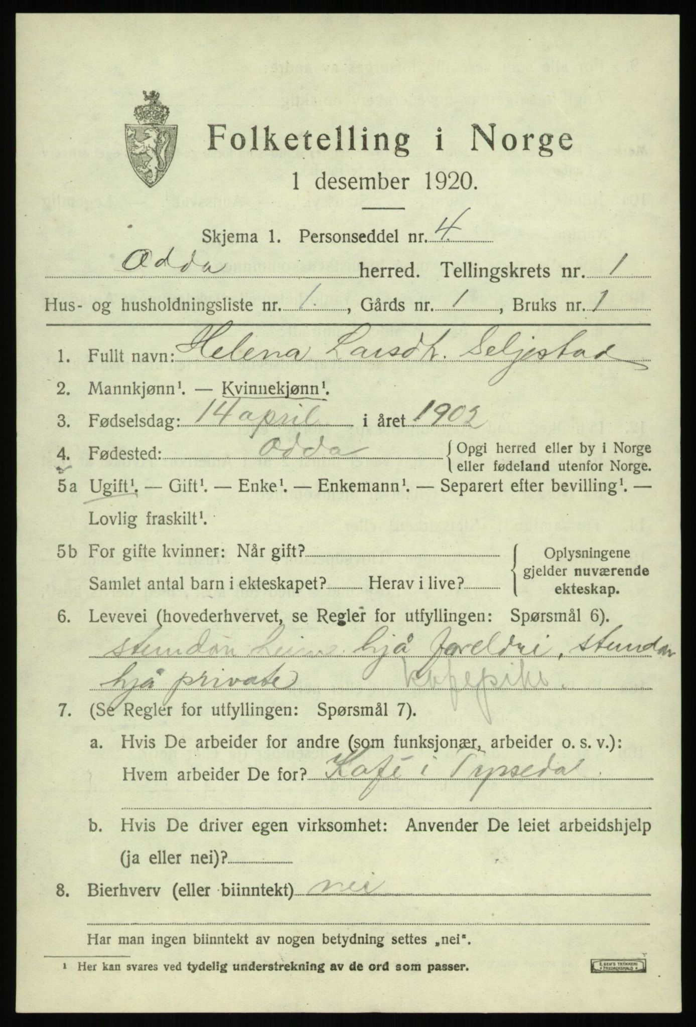 SAB, 1920 census for Odda, 1920, p. 1371