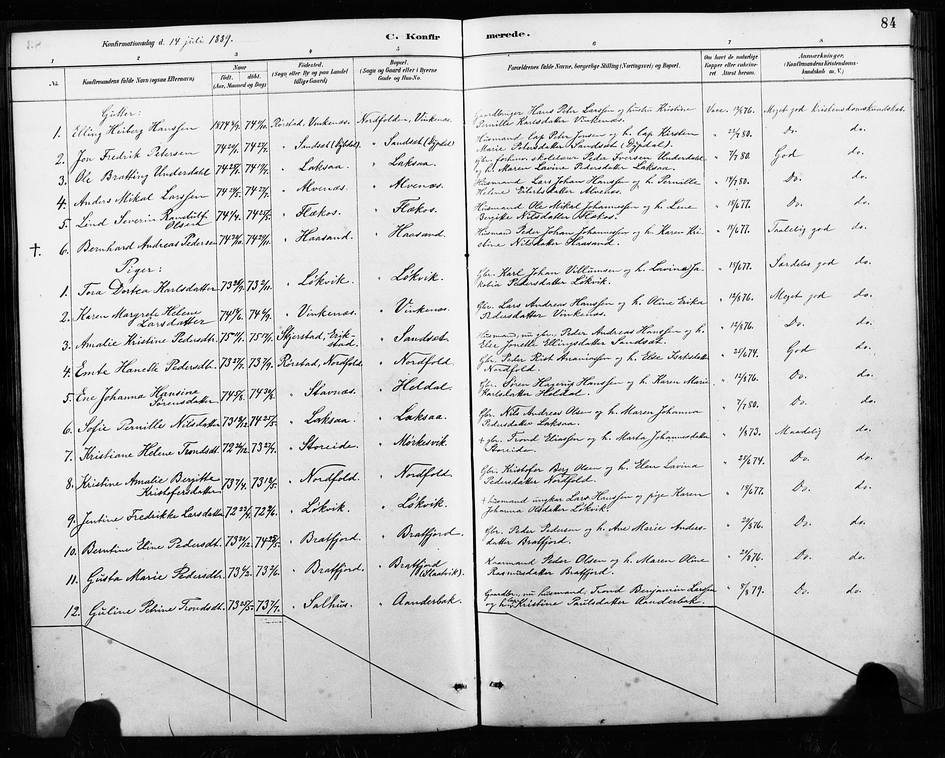 Ministerialprotokoller, klokkerbøker og fødselsregistre - Nordland, AV/SAT-A-1459/858/L0834: Parish register (copy) no. 858C01, 1884-1904, p. 84