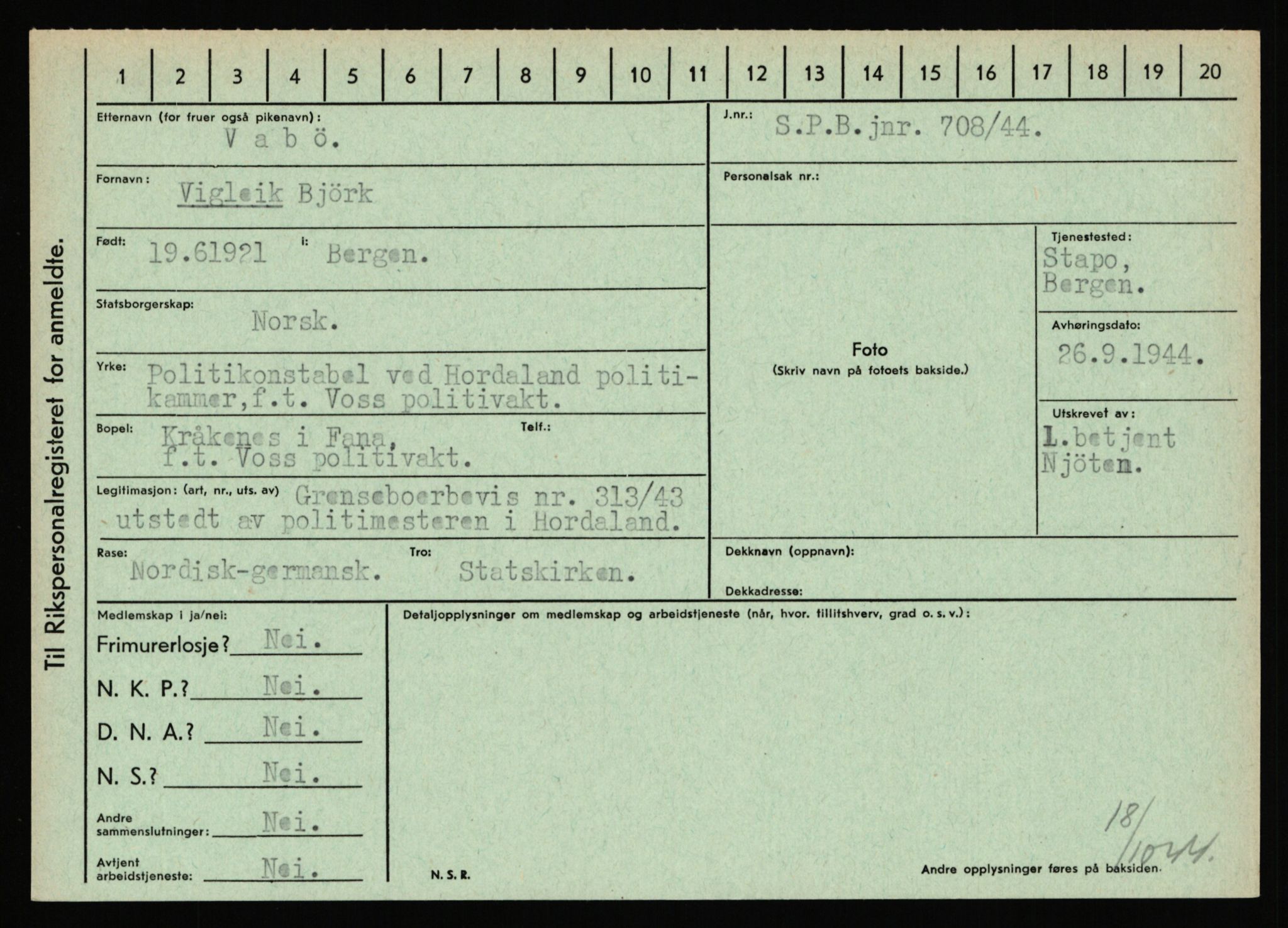 Statspolitiet - Hovedkontoret / Osloavdelingen, AV/RA-S-1329/C/Ca/L0016: Uberg - Øystese, 1943-1945, p. 482