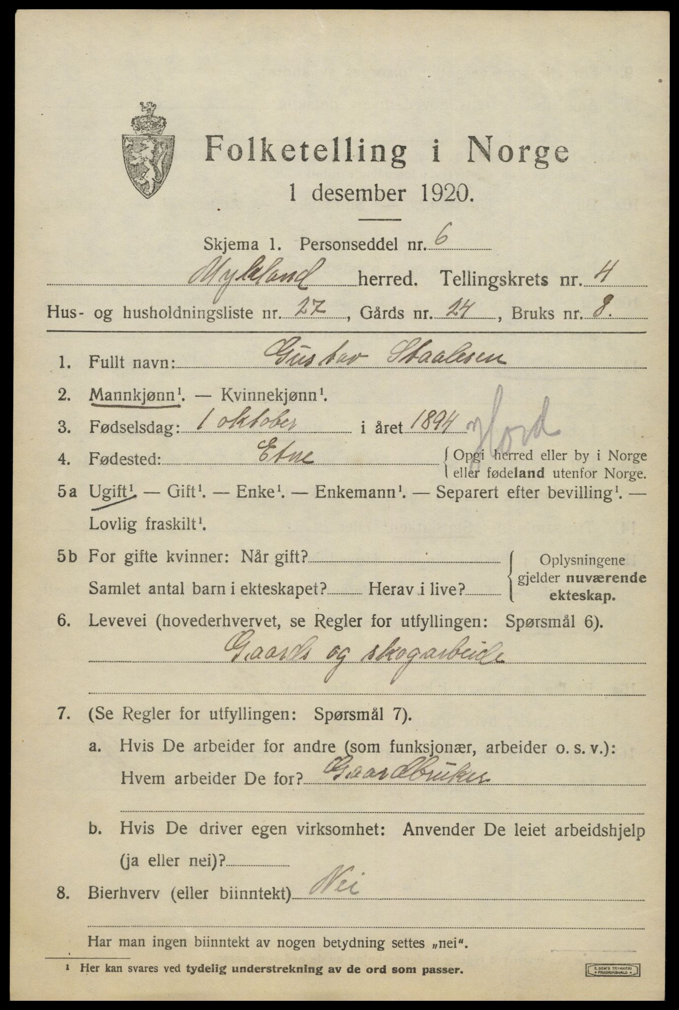 SAK, 1920 census for Mykland, 1920, p. 1664