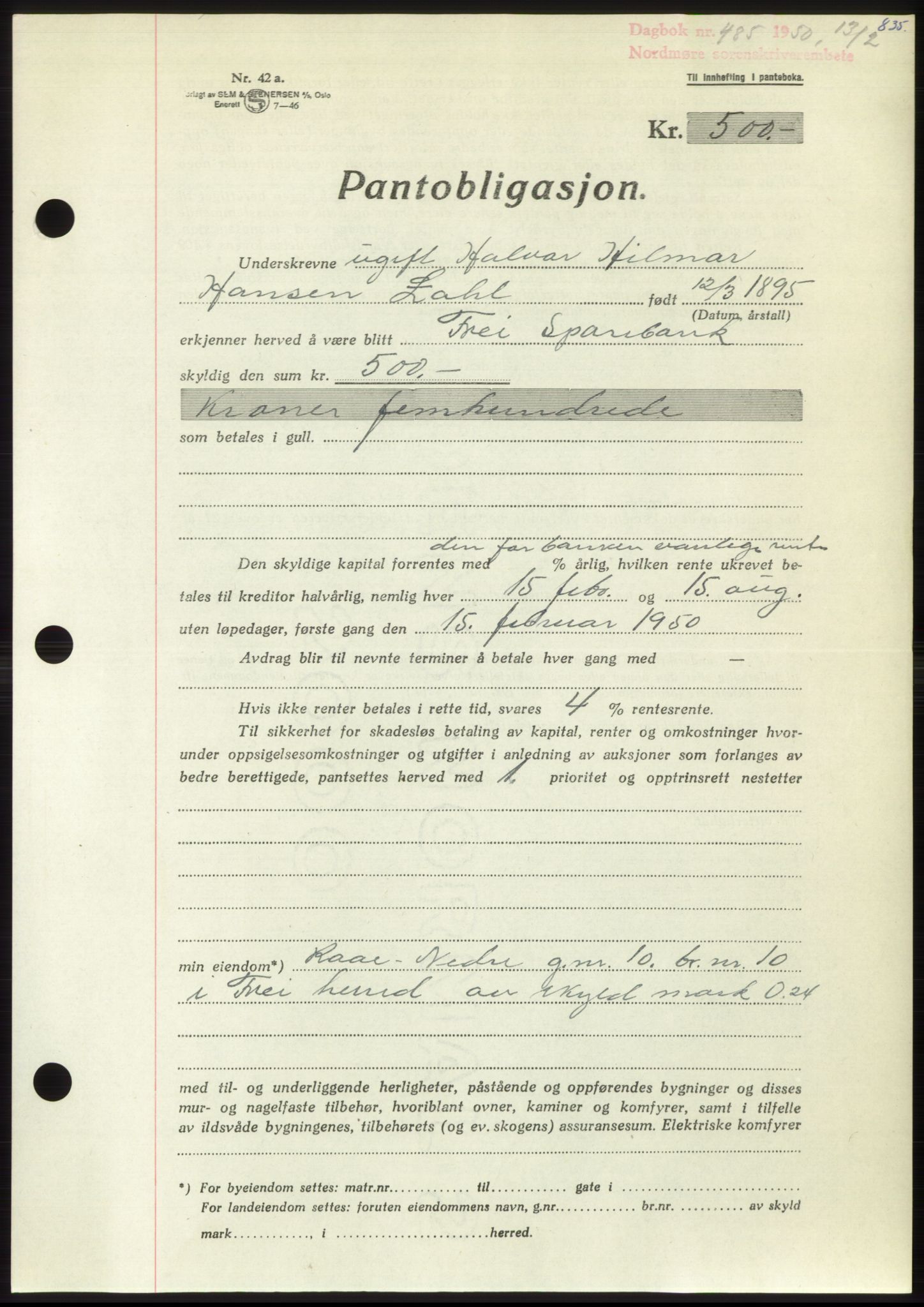 Nordmøre sorenskriveri, AV/SAT-A-4132/1/2/2Ca: Mortgage book no. B103, 1949-1950, Diary no: : 485/1950