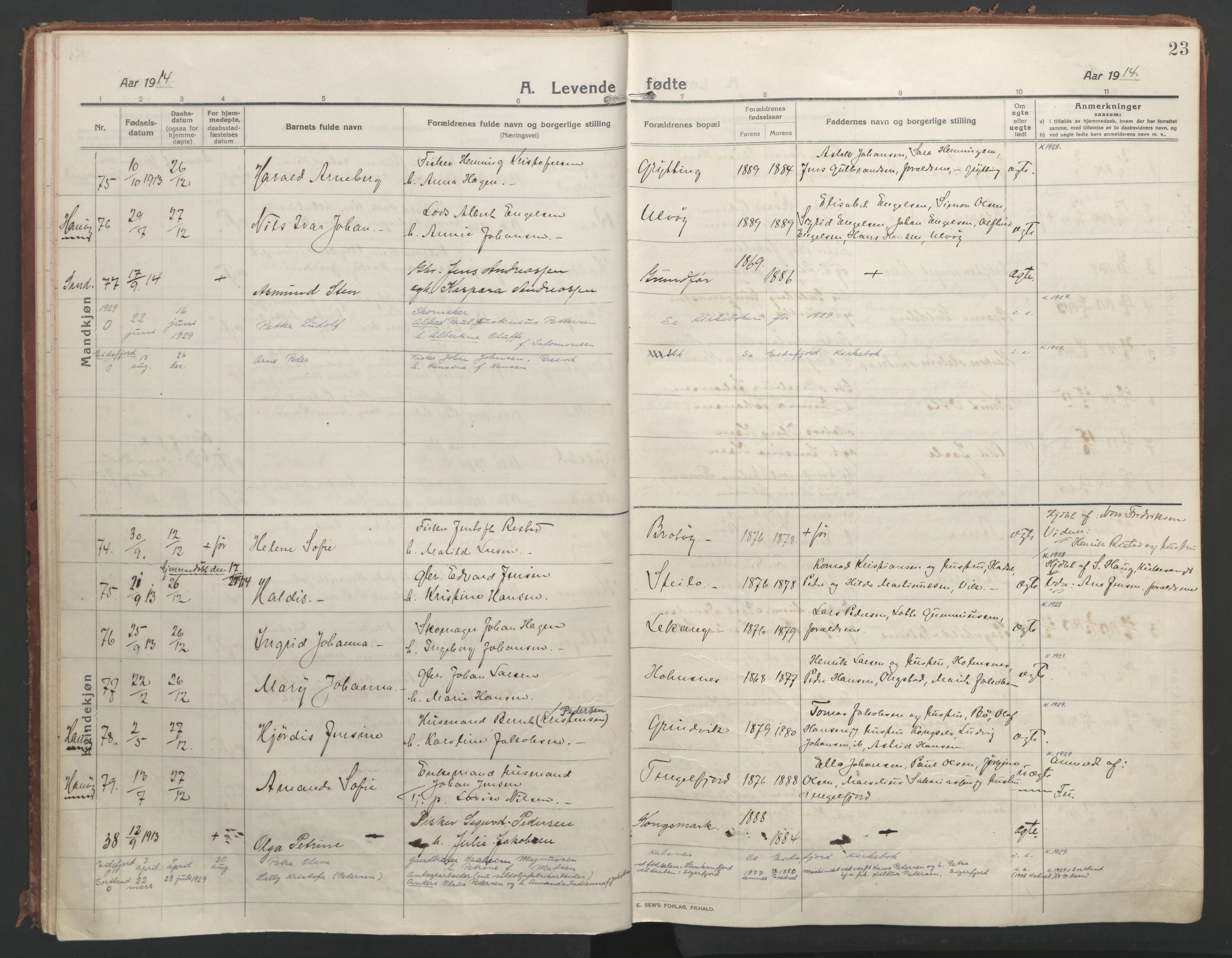 Ministerialprotokoller, klokkerbøker og fødselsregistre - Nordland, AV/SAT-A-1459/888/L1250: Parish register (official) no. 888A16, 1913-1925, p. 23