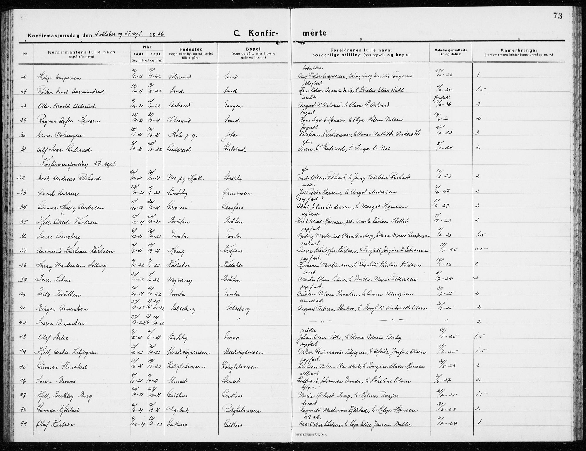 Modum kirkebøker, AV/SAKO-A-234/G/Ga/L0013: Parish register (copy) no. I 13, 1925-1938, p. 73