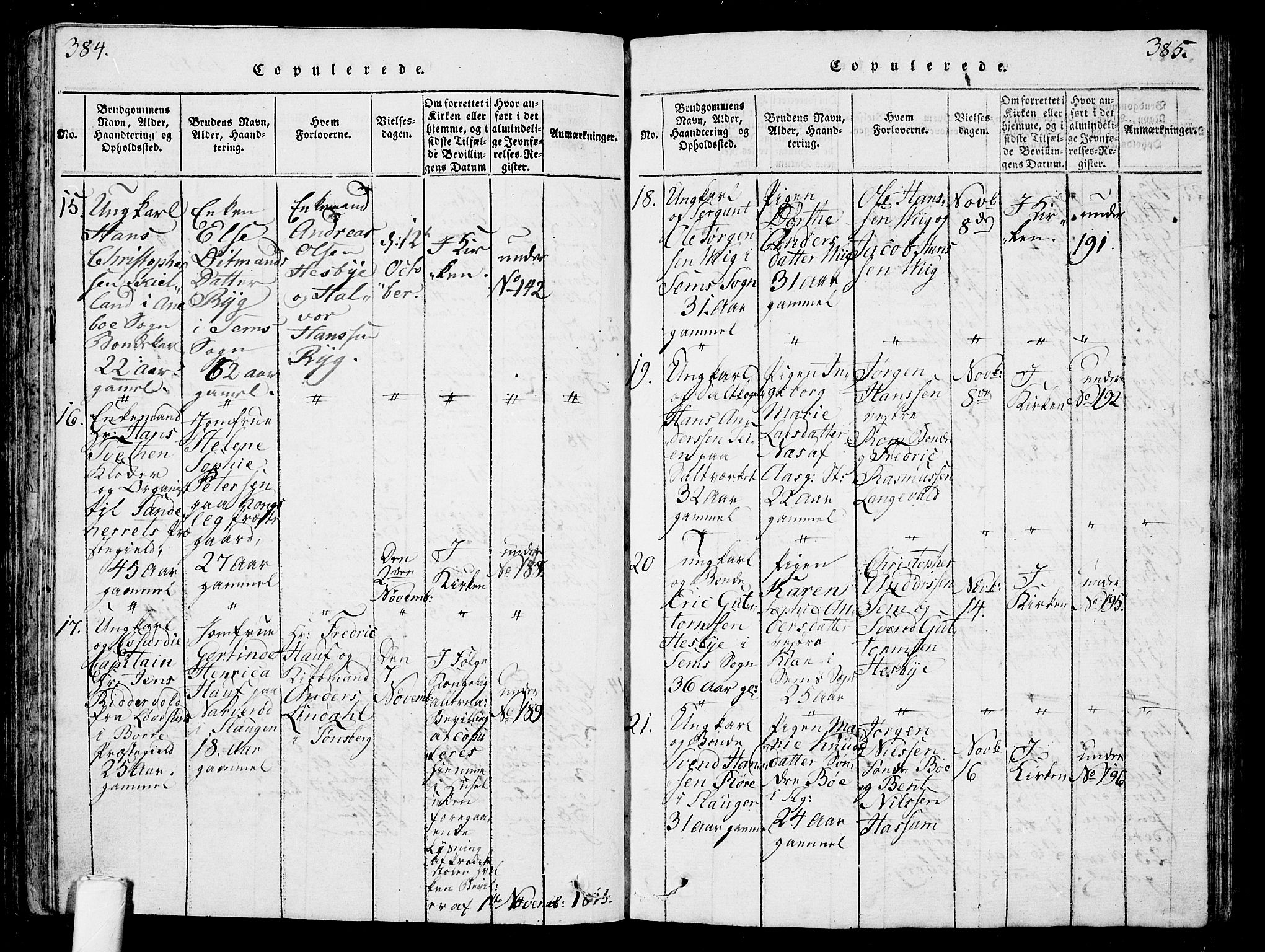 Sem kirkebøker, SAKO/A-5/G/Ga/L0001: Parish register (copy) no. I 1, 1814-1825, p. 384-385