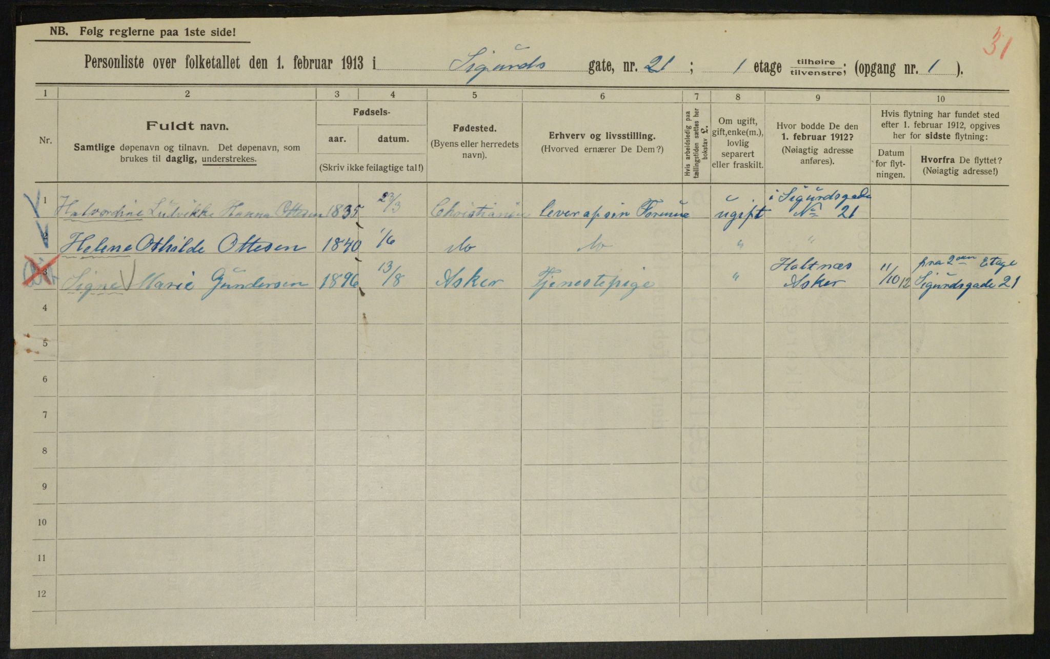 OBA, Municipal Census 1913 for Kristiania, 1913, p. 95103