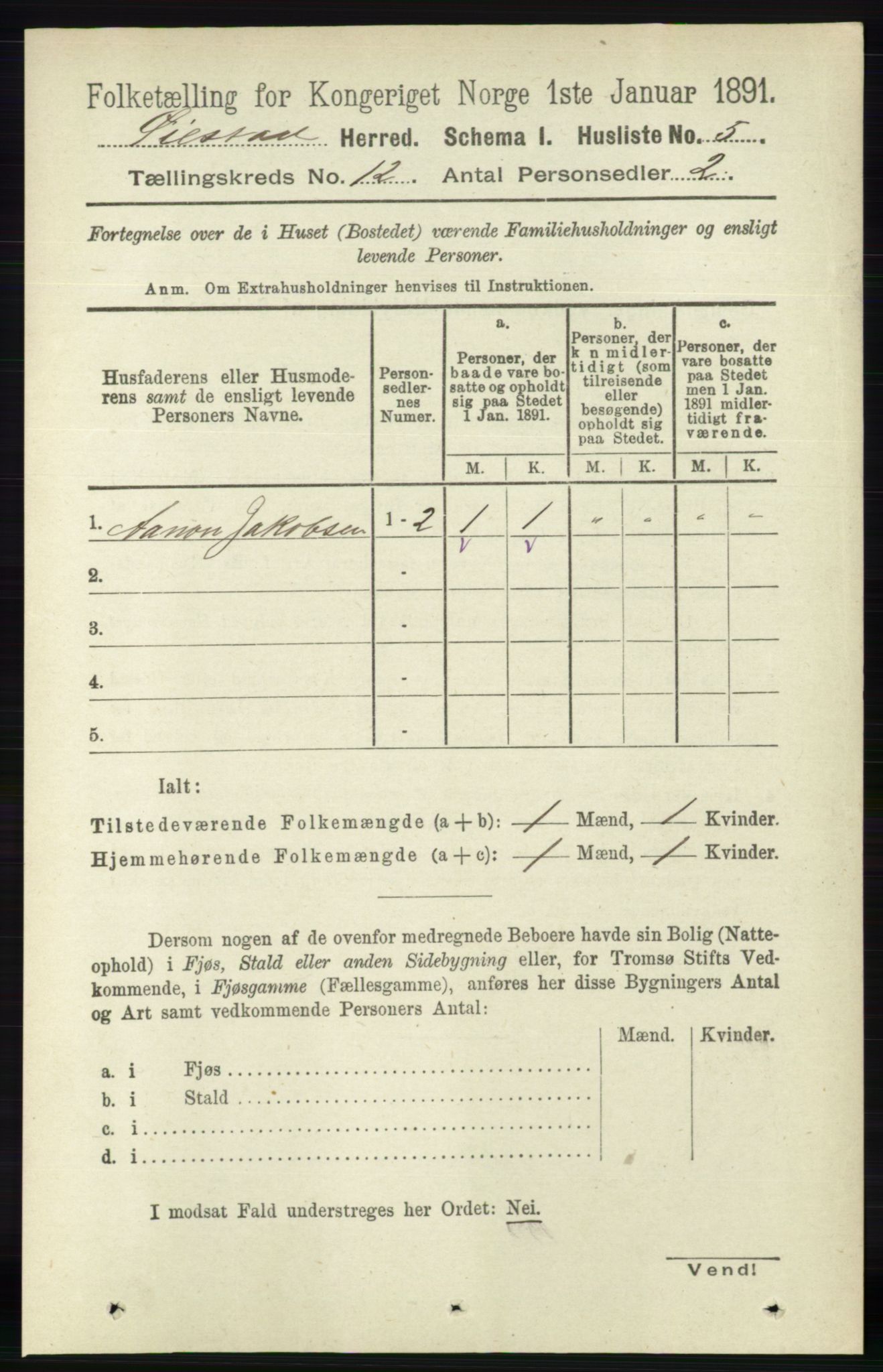 RA, 1891 census for 0920 Øyestad, 1891, p. 5367