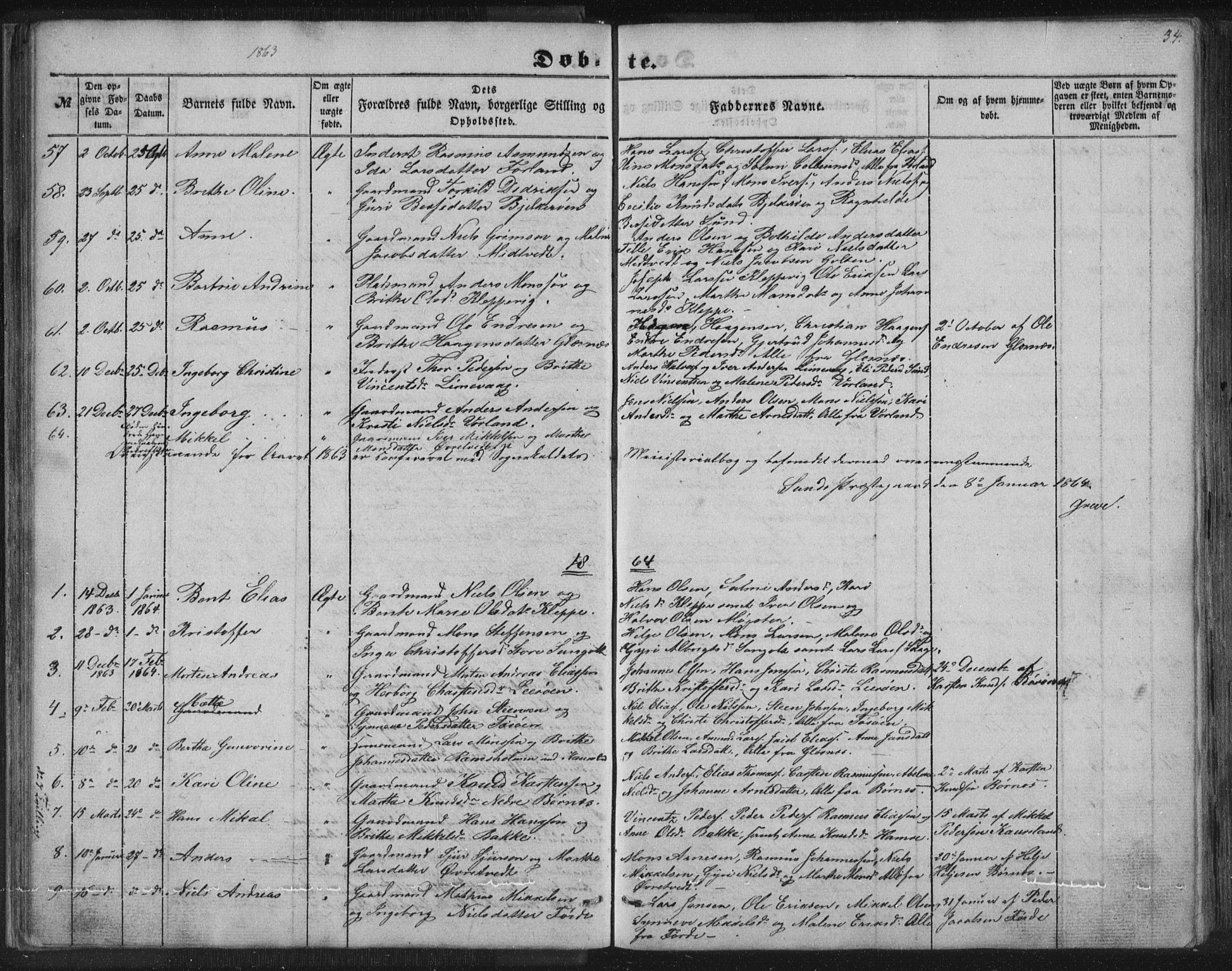 Sund sokneprestembete, SAB/A-99930: Parish register (copy) no. B 1, 1852-1873, p. 34