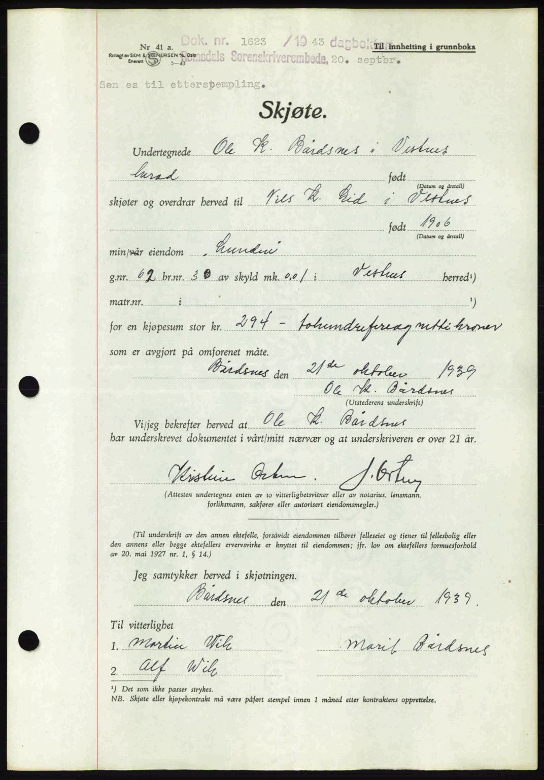 Romsdal sorenskriveri, AV/SAT-A-4149/1/2/2C: Mortgage book no. A14, 1943-1943, Diary no: : 1623/1943