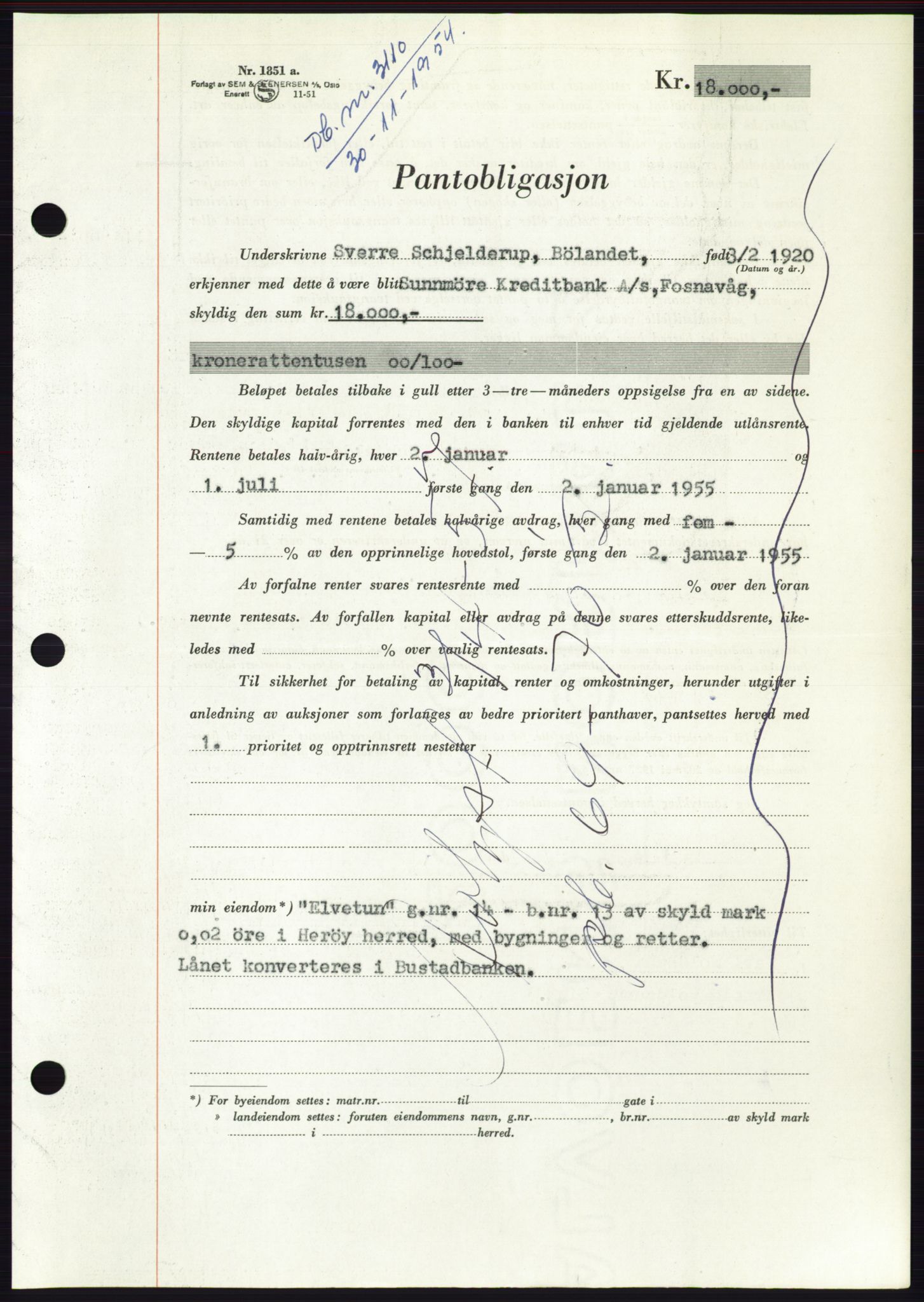 Søre Sunnmøre sorenskriveri, AV/SAT-A-4122/1/2/2C/L0126: Mortgage book no. 14B, 1954-1955, Diary no: : 3110/1954