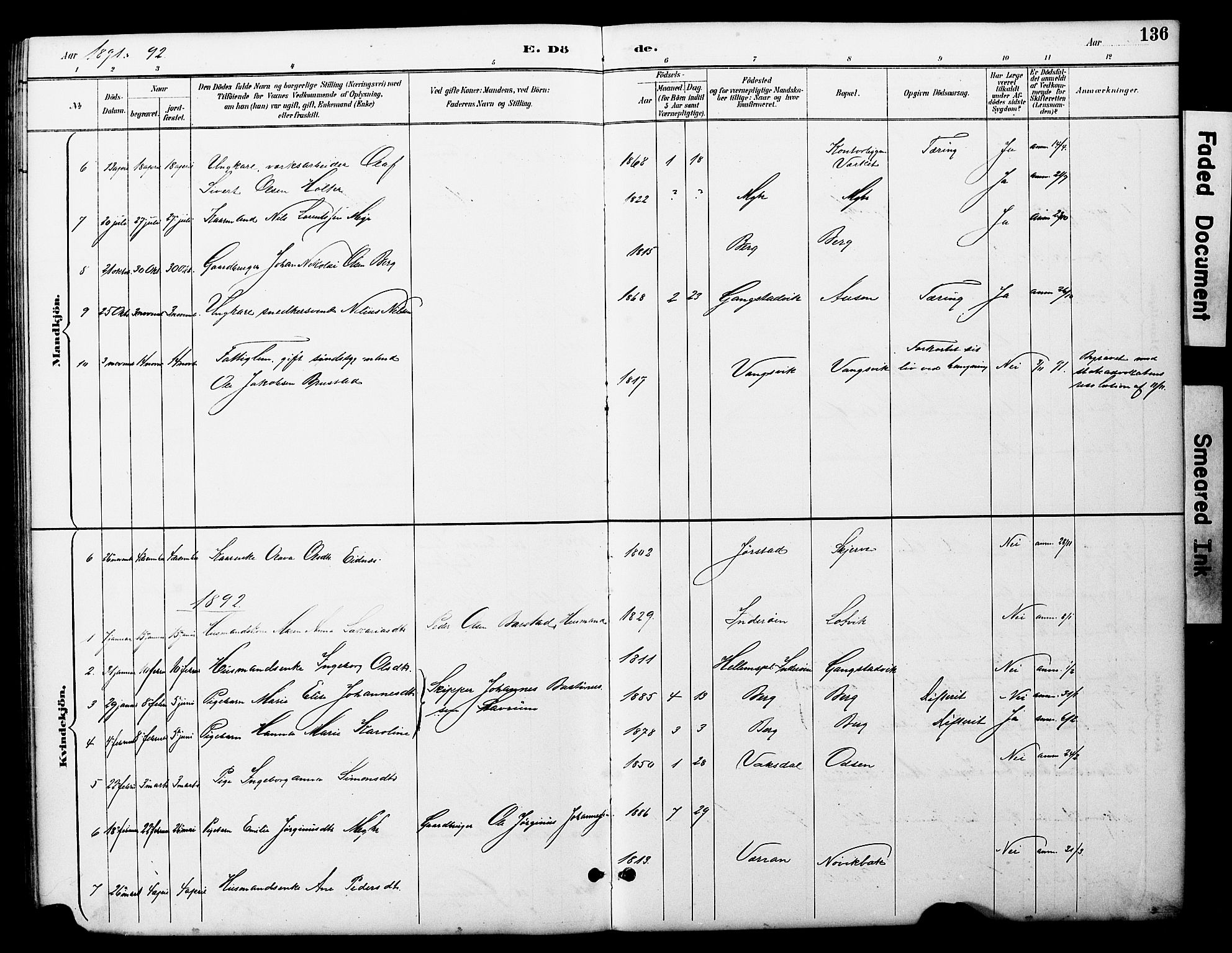 Ministerialprotokoller, klokkerbøker og fødselsregistre - Nord-Trøndelag, SAT/A-1458/722/L0226: Parish register (copy) no. 722C02, 1889-1927, p. 136