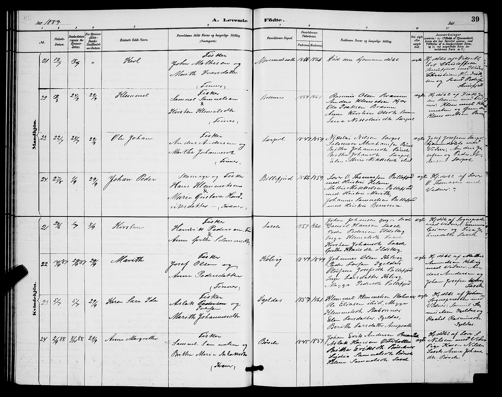 Kistrand/Porsanger sokneprestembete, AV/SATØ-S-1351/H/Hb/L0004.klokk: Parish register (copy) no. 4, 1885-1894, p. 39