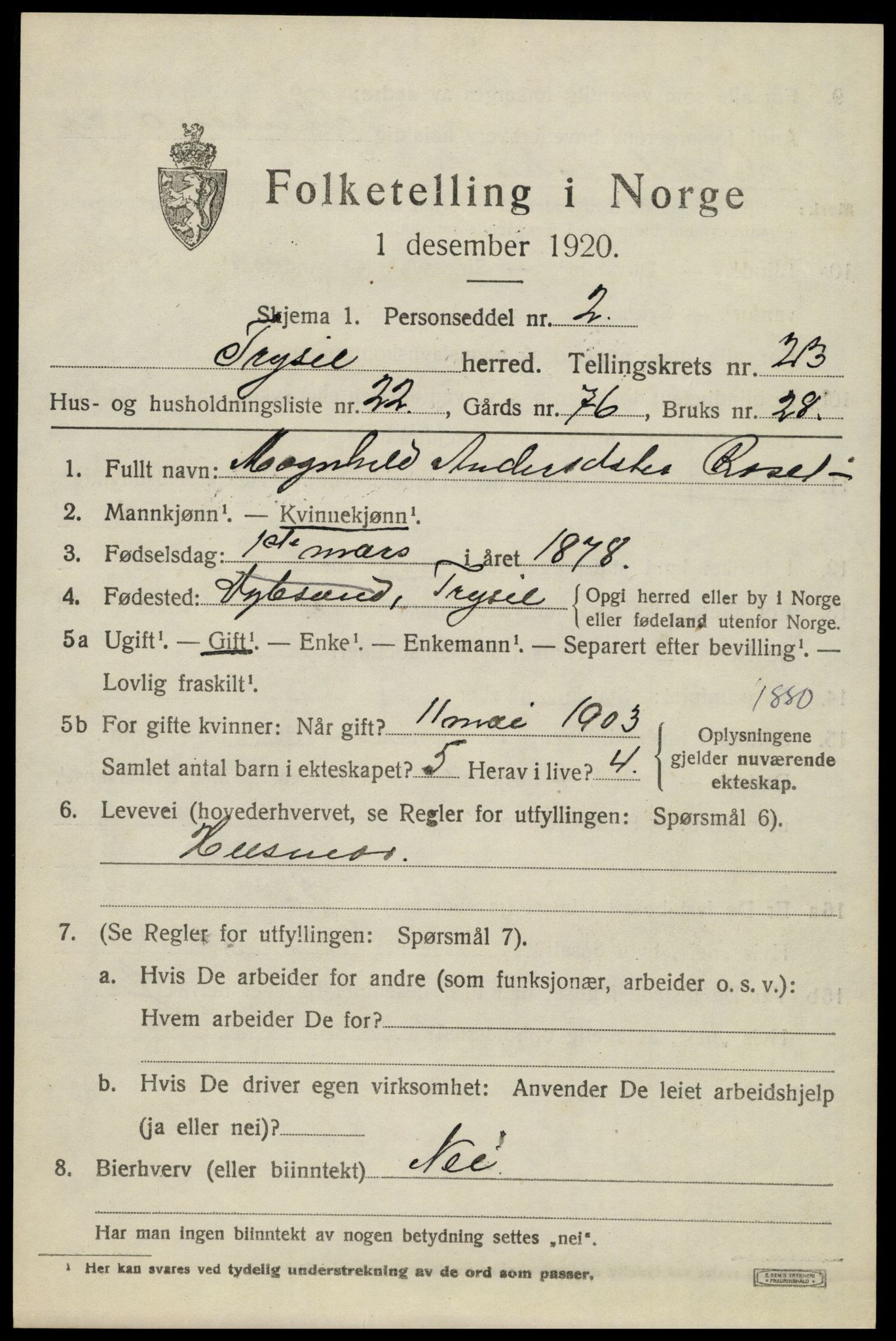 SAH, 1920 census for Trysil, 1920, p. 15111