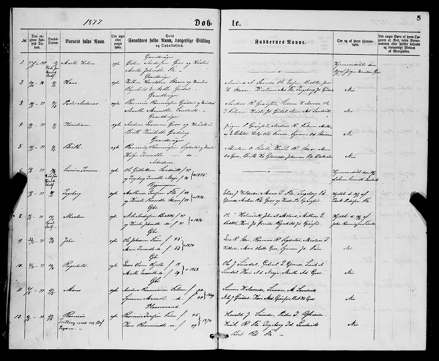 Stryn Sokneprestembete, AV/SAB-A-82501: Parish register (copy) no. C 2, 1877-1881, p. 5