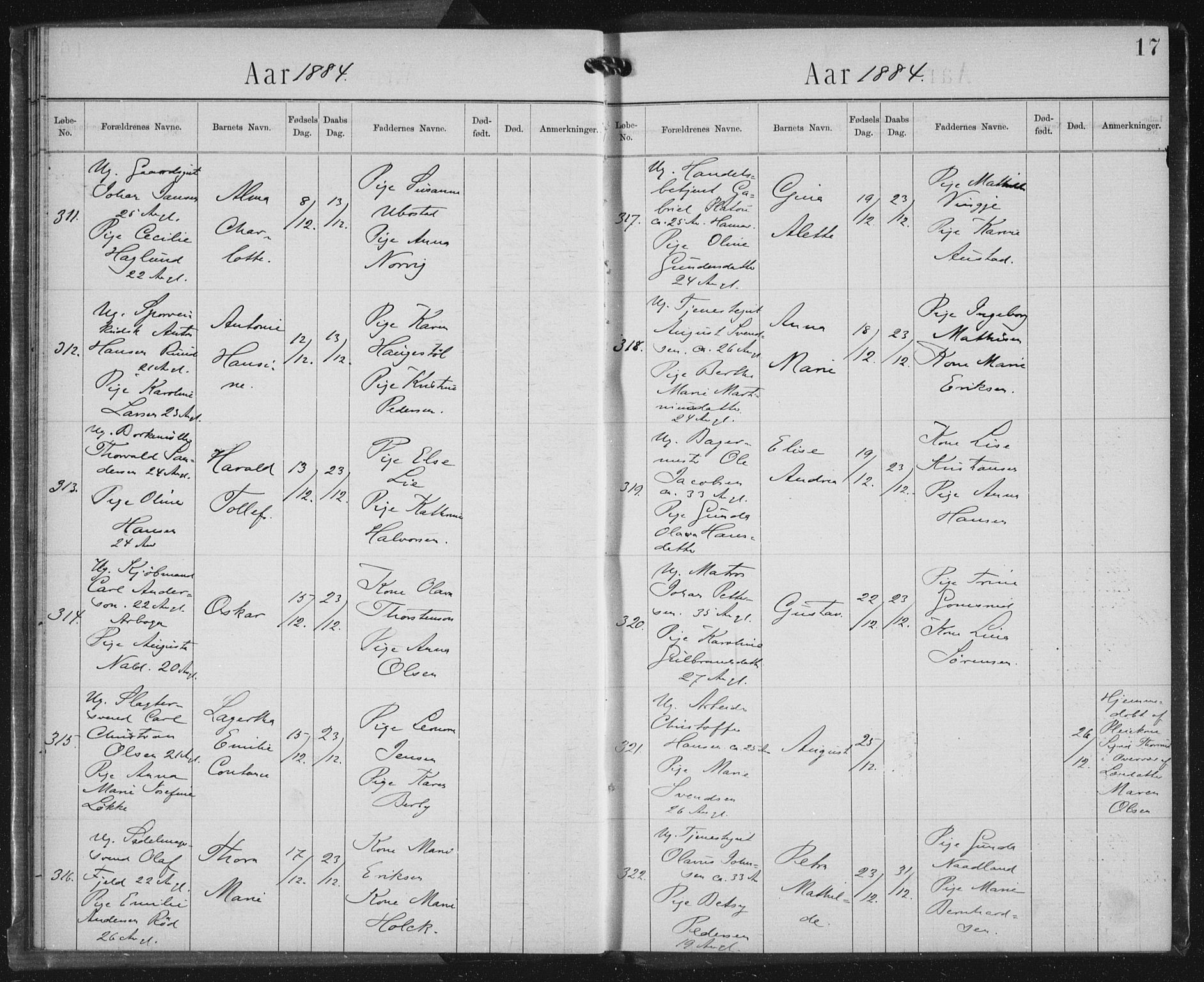 Rikshospitalet prestekontor Kirkebøker, SAO/A-10309b/K/L0003/0002: Baptism register no. 3.2, 1884-1889, p. 17