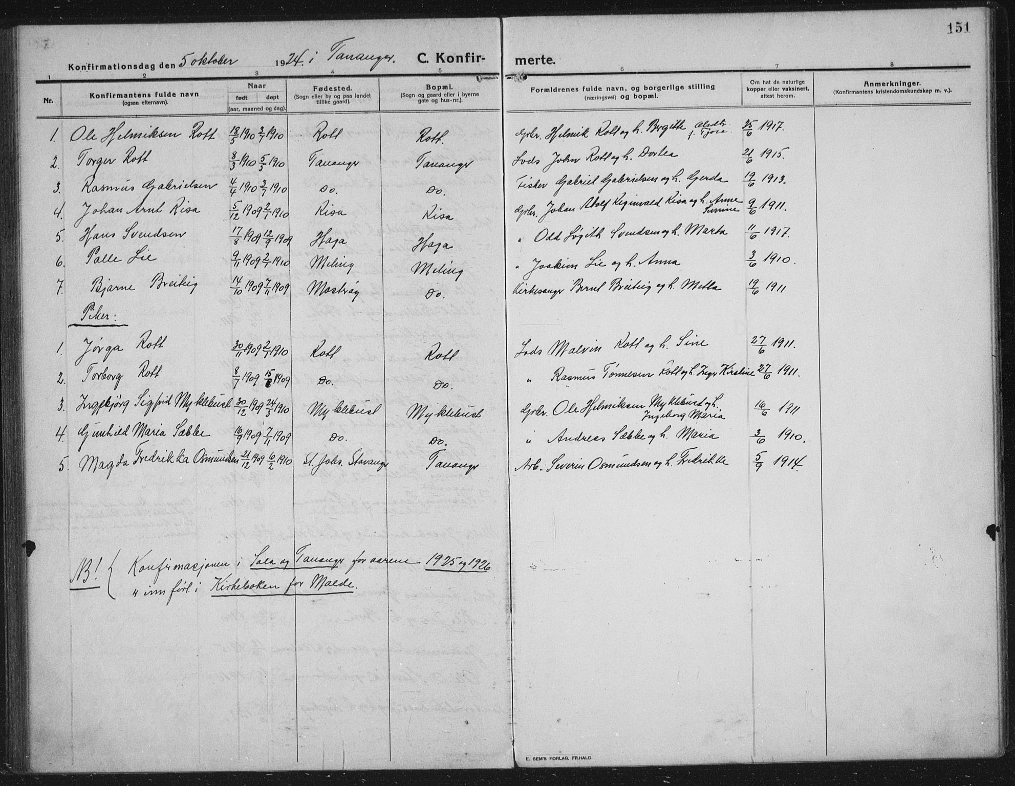 Håland sokneprestkontor, AV/SAST-A-101802/002/C/L0001: Parish register (official) no. A 14, 1913-1927, p. 151