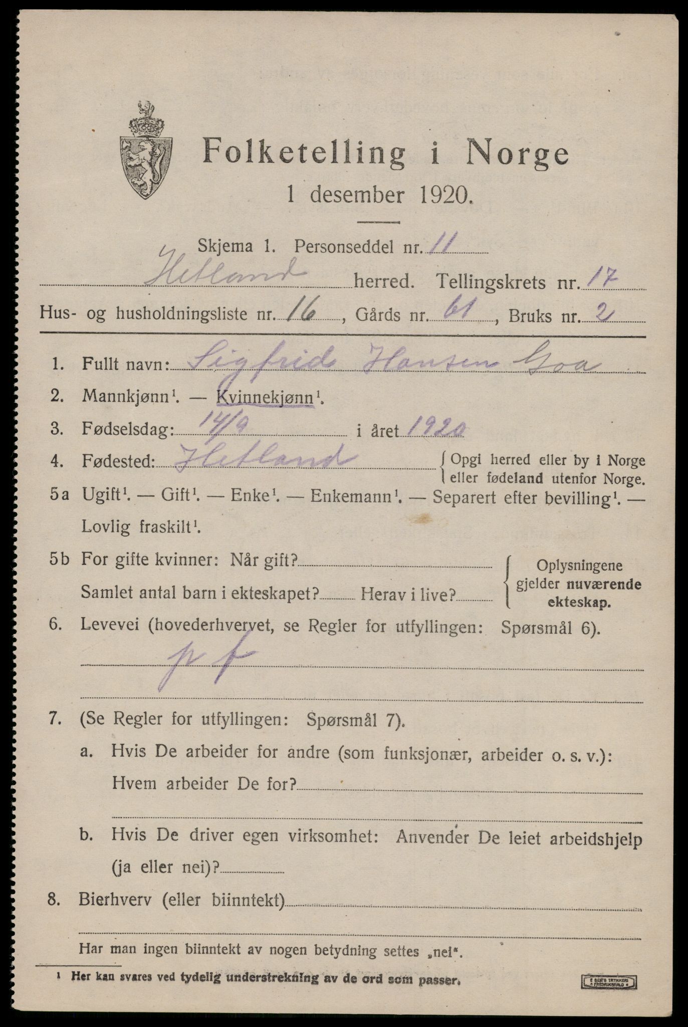 SAST, 1920 census for Hetland, 1920, p. 24709