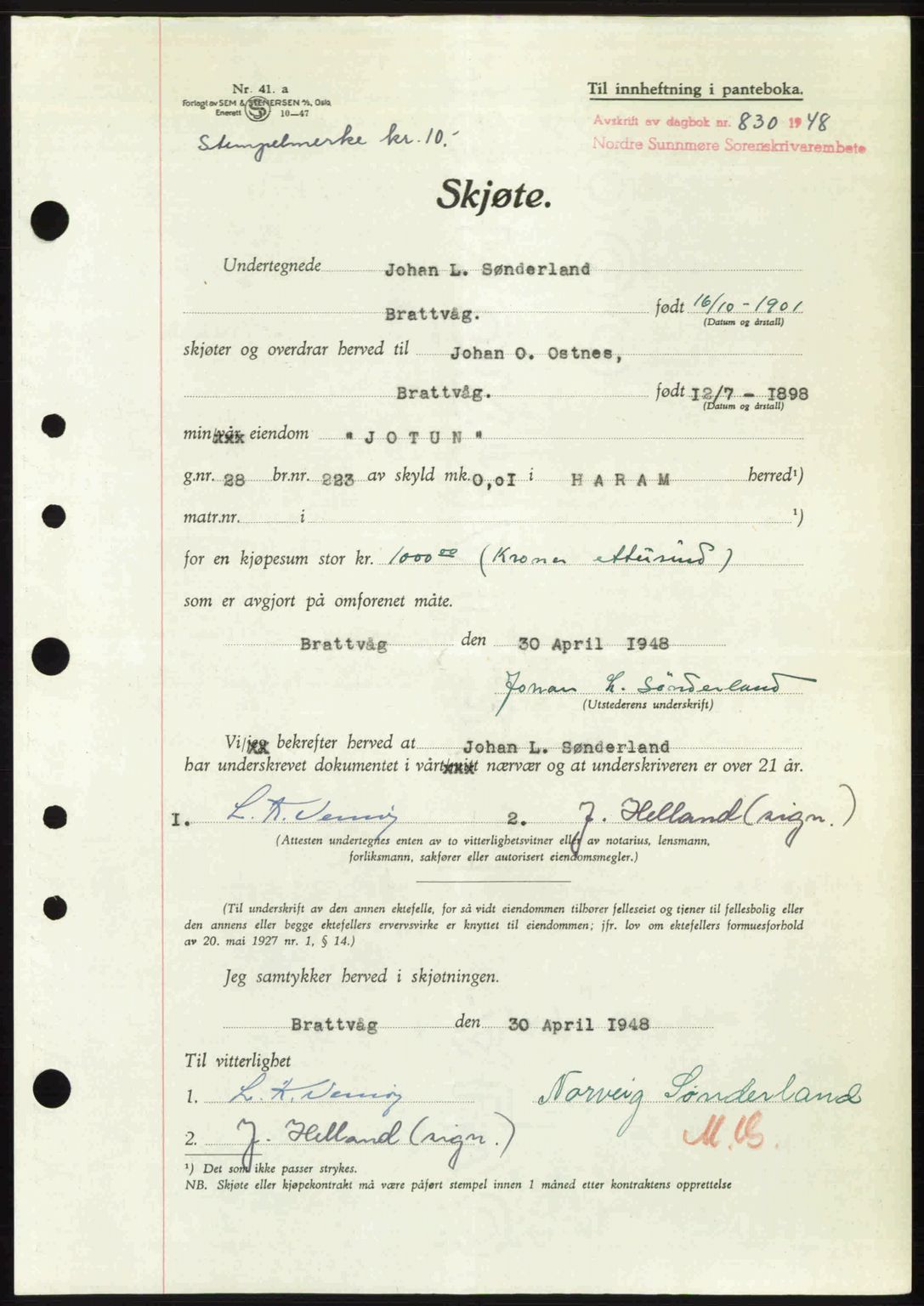 Nordre Sunnmøre sorenskriveri, AV/SAT-A-0006/1/2/2C/2Ca: Mortgage book no. A27, 1948-1948, Diary no: : 830/1948