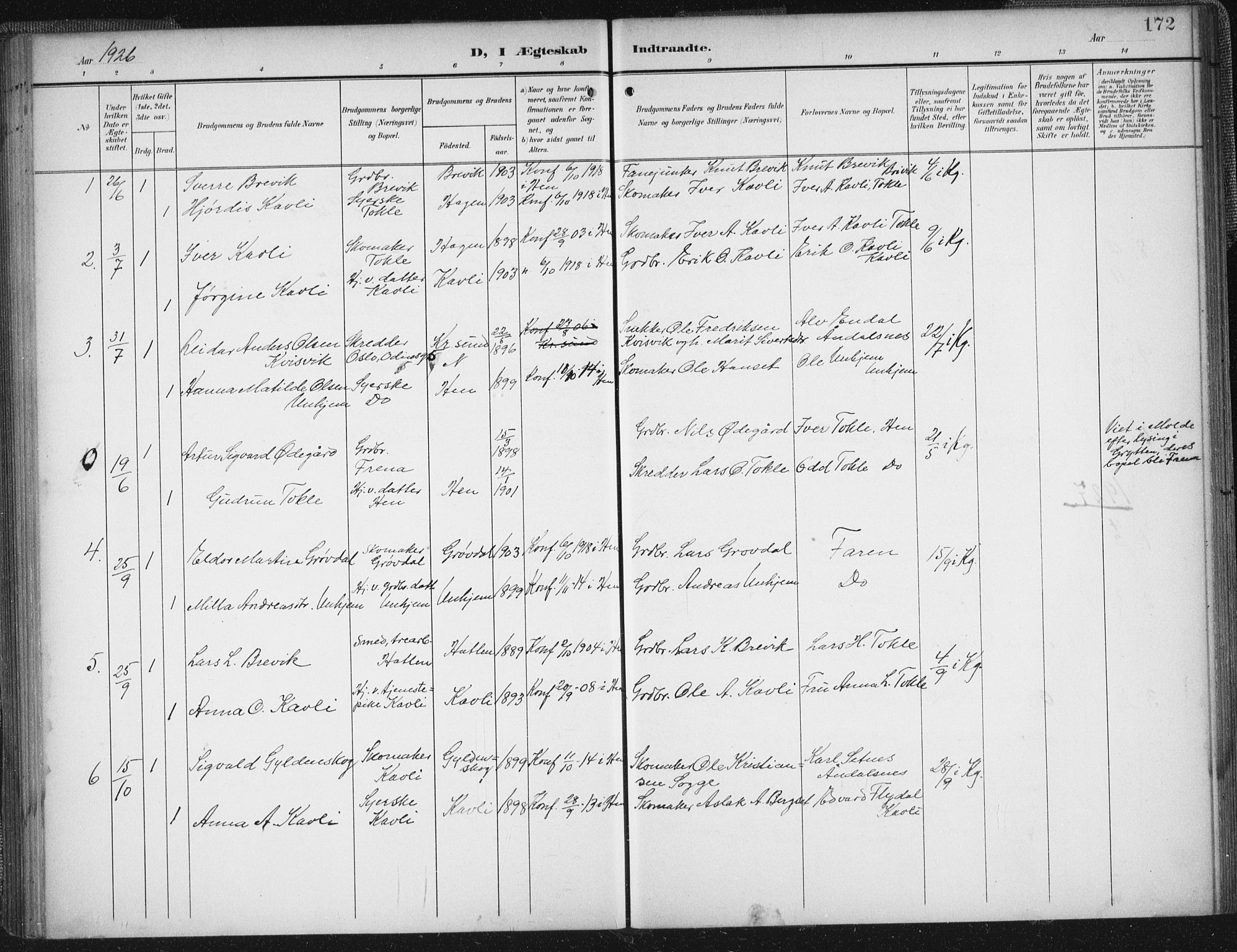 Ministerialprotokoller, klokkerbøker og fødselsregistre - Møre og Romsdal, AV/SAT-A-1454/545/L0589: Parish register (copy) no. 545C03, 1902-1937, p. 172