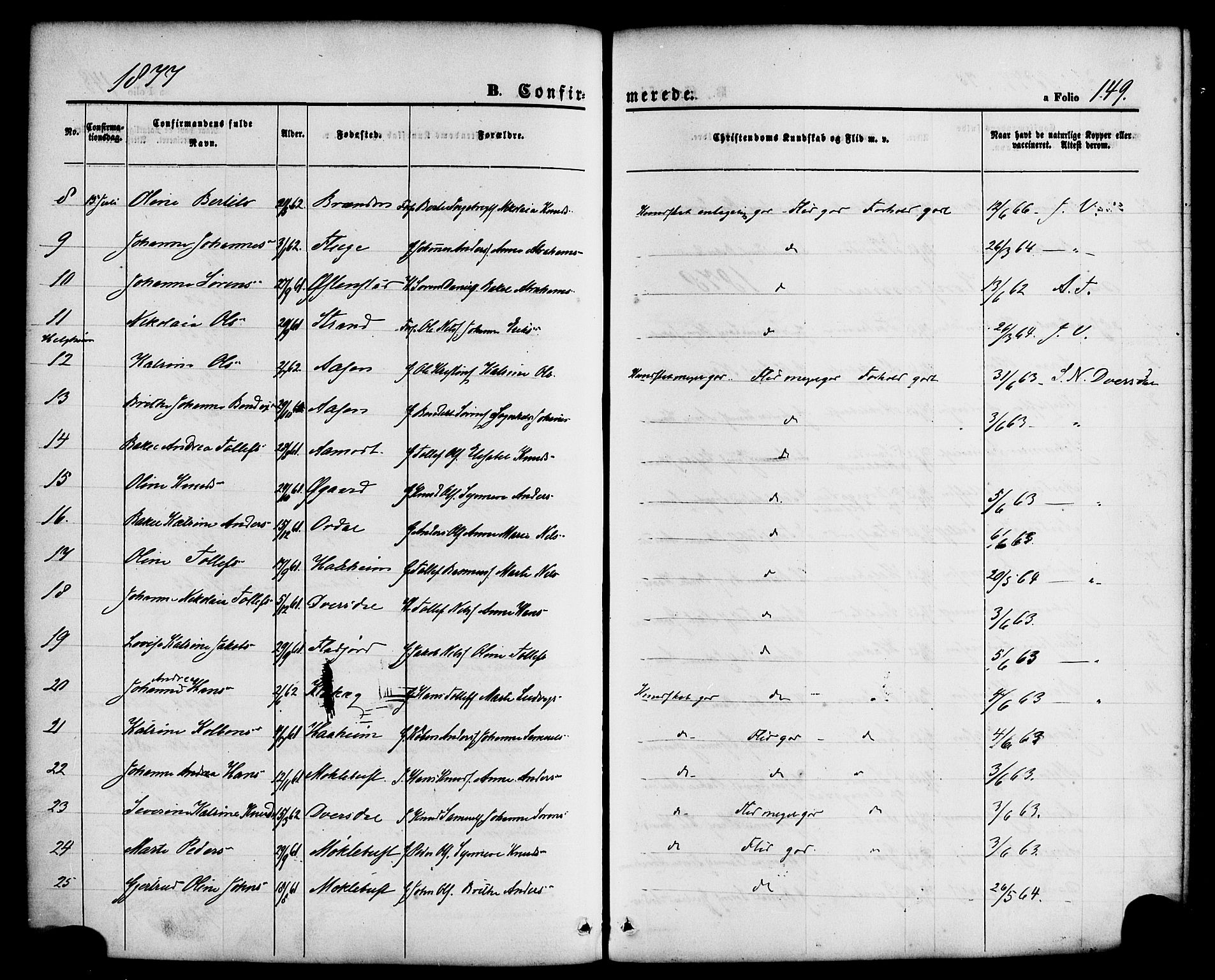 Jølster sokneprestembete, AV/SAB-A-80701/H/Haa/Haaa/L0011: Parish register (official) no. A 11, 1866-1881, p. 149