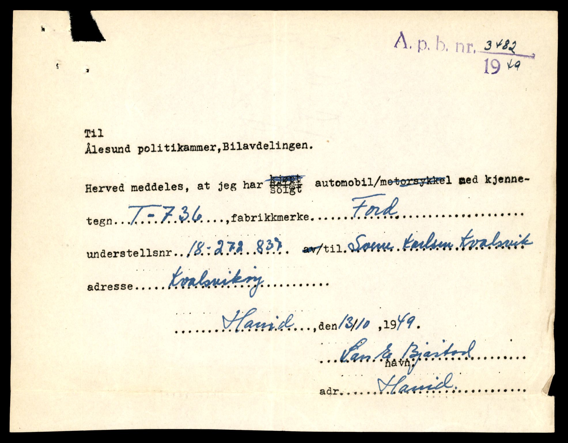 Møre og Romsdal vegkontor - Ålesund trafikkstasjon, AV/SAT-A-4099/F/Fe/L0008: Registreringskort for kjøretøy T 747 - T 894, 1927-1998, p. 2782