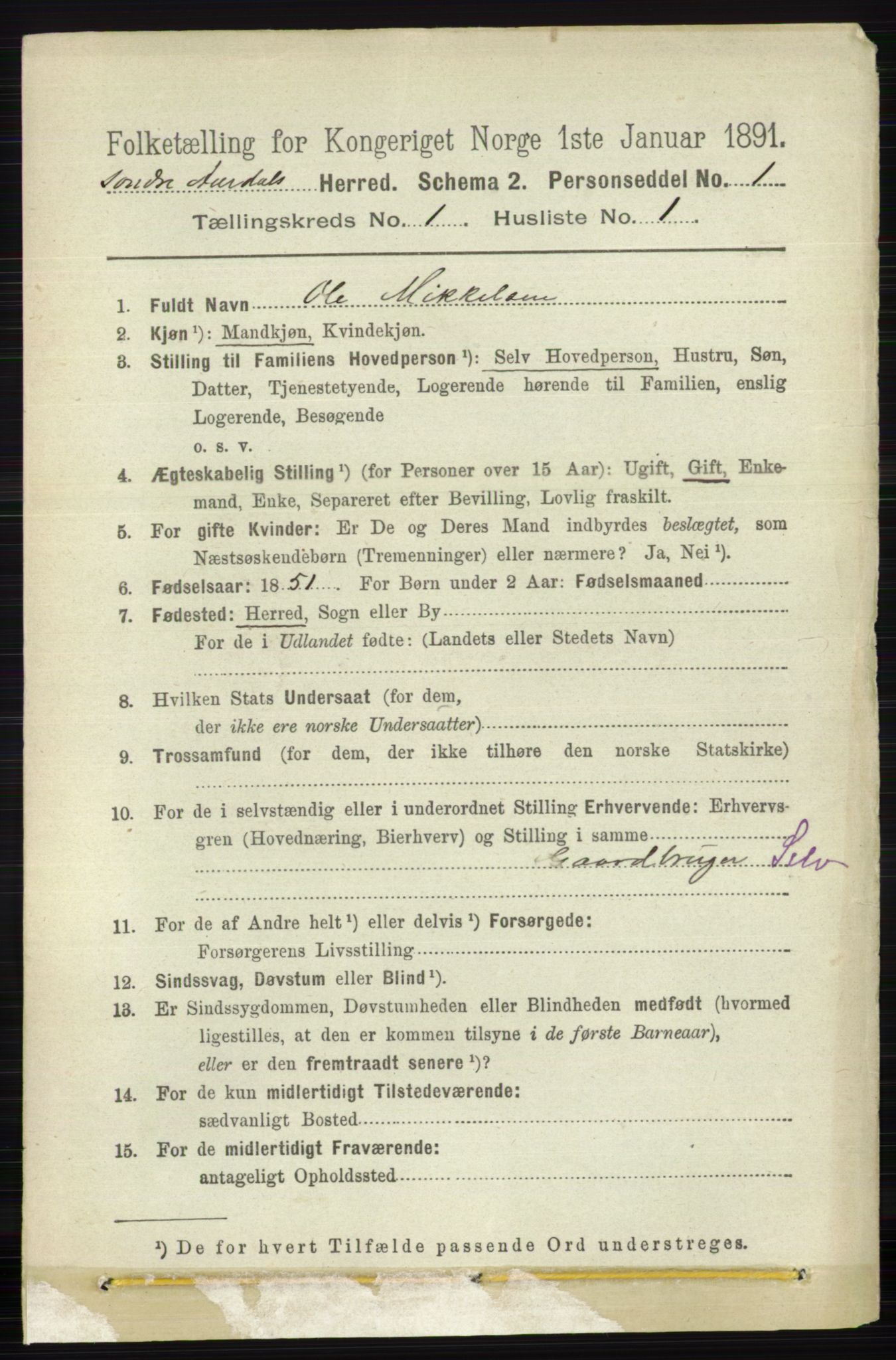 RA, 1891 census for 0540 Sør-Aurdal, 1891, p. 143