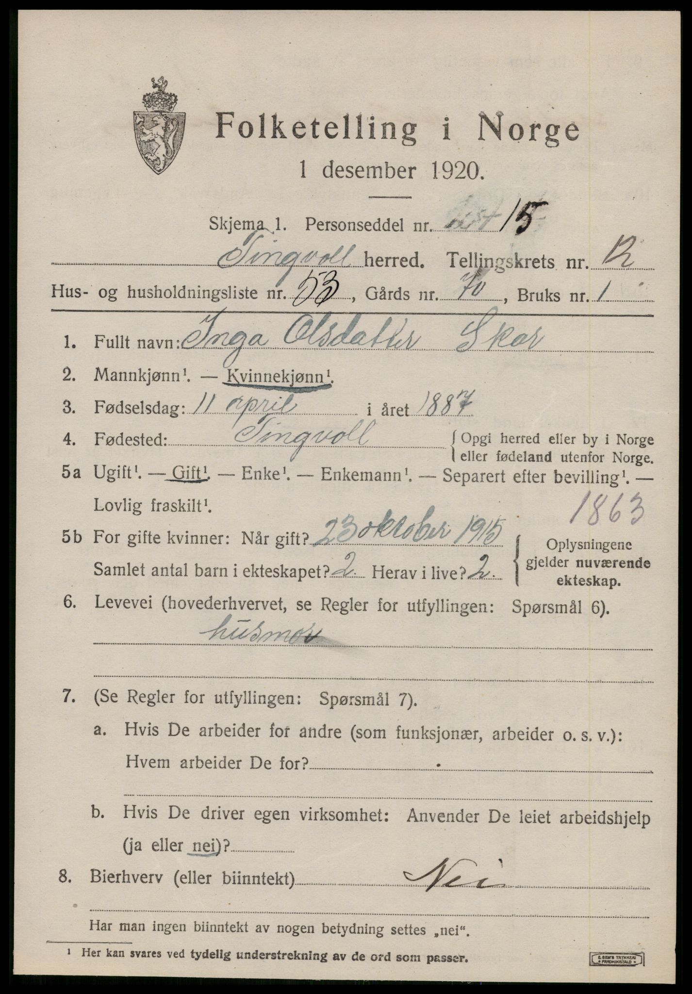 SAT, 1920 census for Tingvoll, 1920, p. 6788