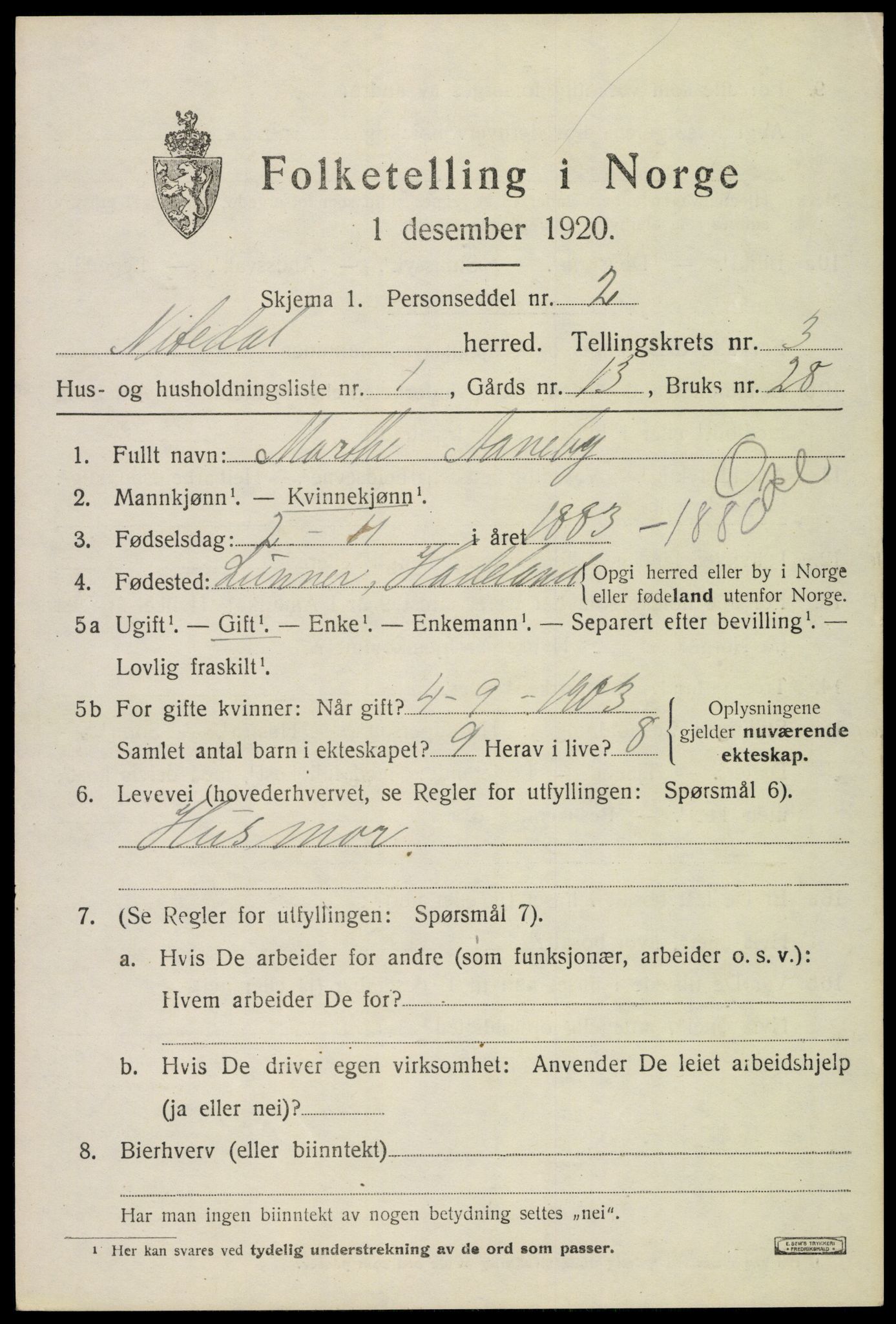 SAO, 1920 census for Nittedal, 1920, p. 3370