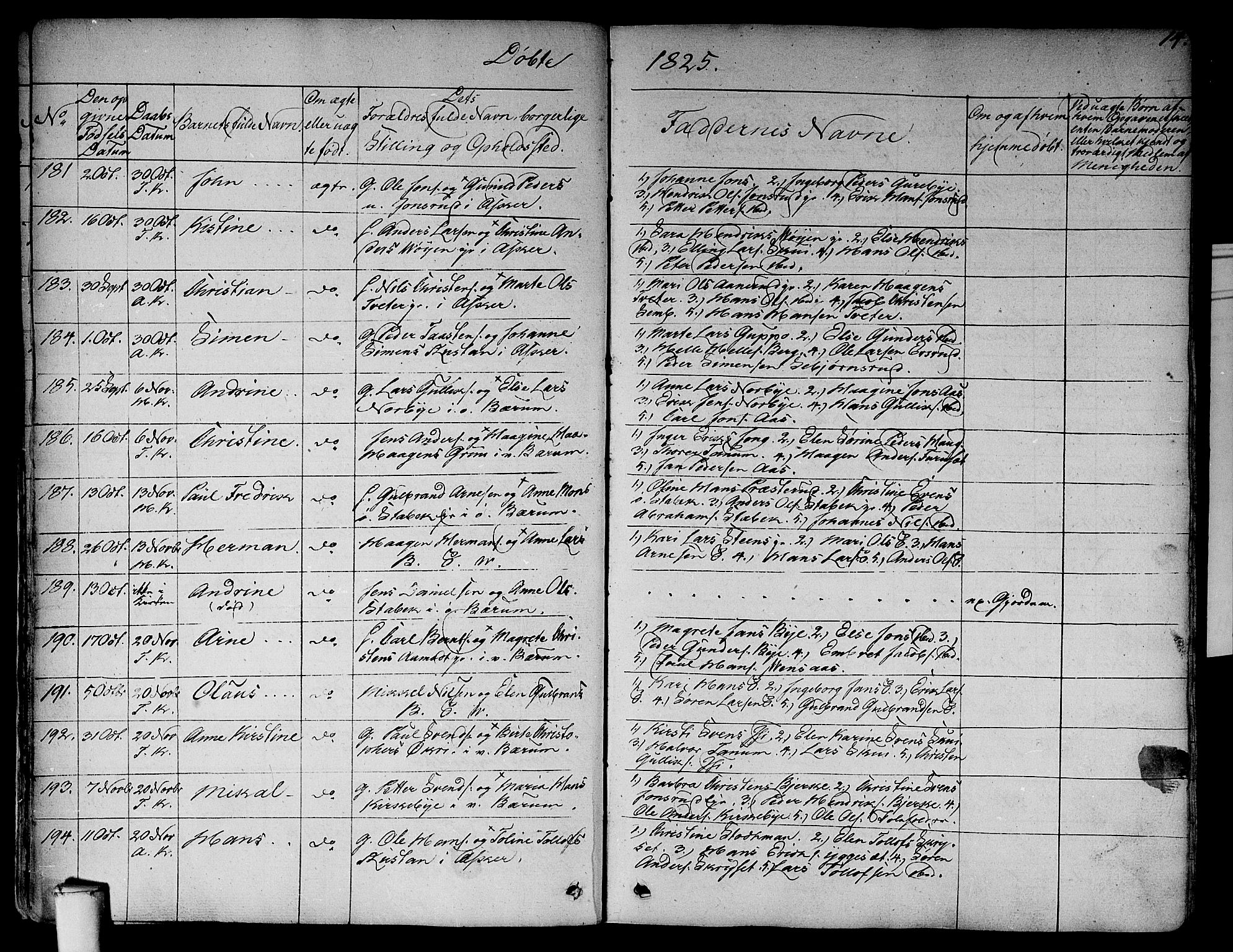 Asker prestekontor Kirkebøker, SAO/A-10256a/F/Fa/L0007: Parish register (official) no. I 7, 1825-1864, p. 14