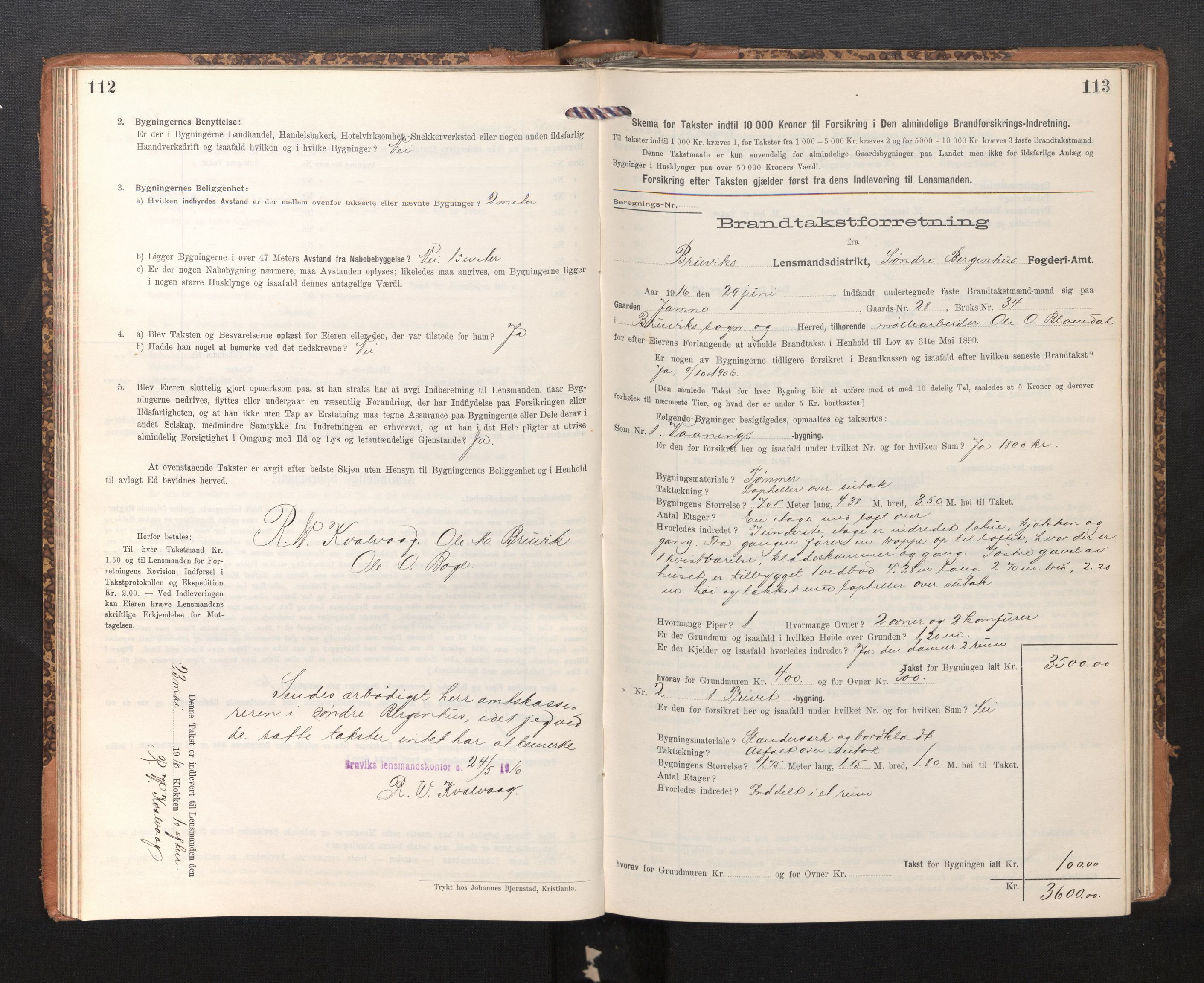 Lensmannen i Bruvik, AV/SAB-A-31301/0012/L0008: Branntakstprotokoll, skjematakst, 1914-1919, p. 112-113