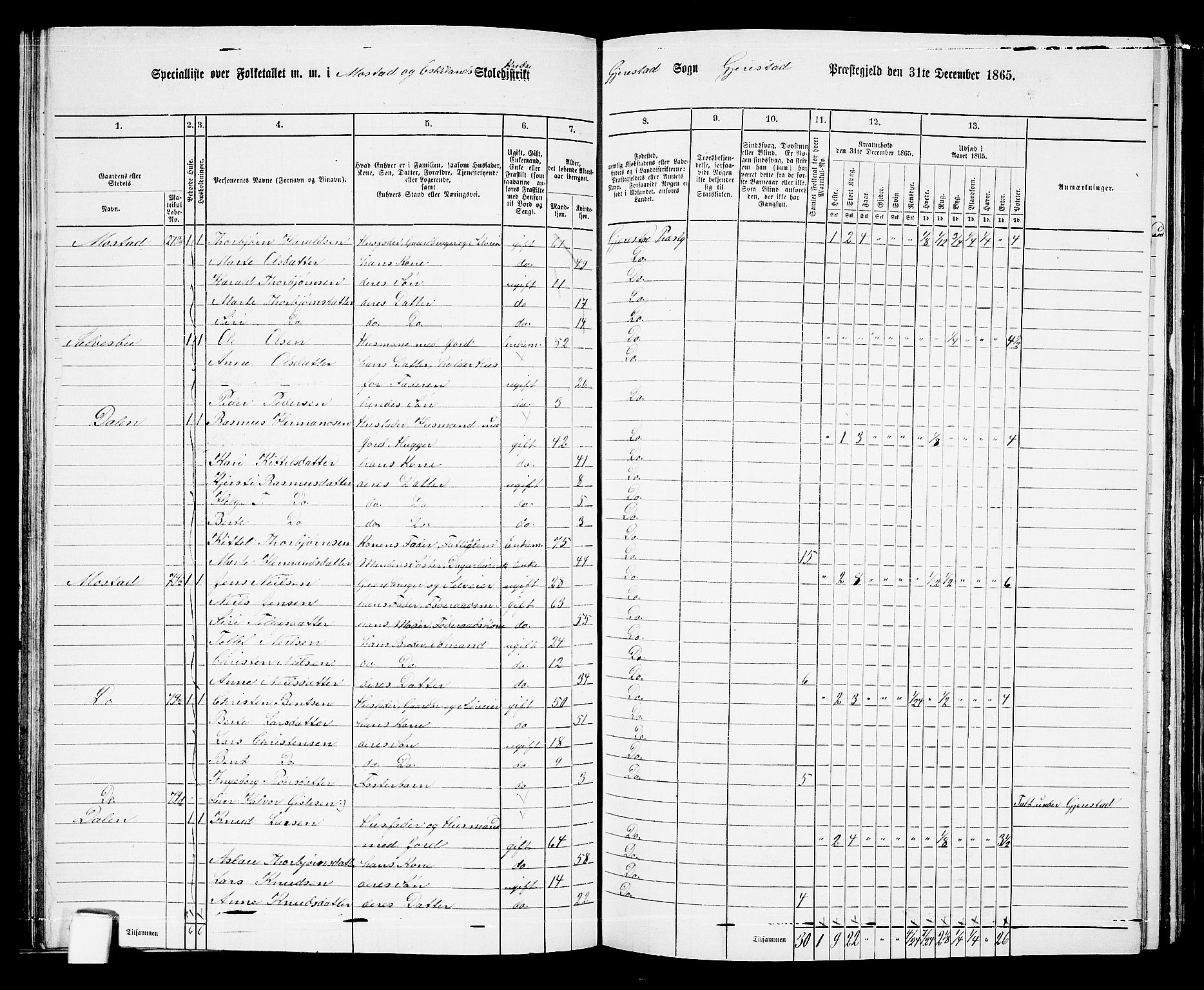 RA, 1865 census for Gjerstad, 1865, p. 65