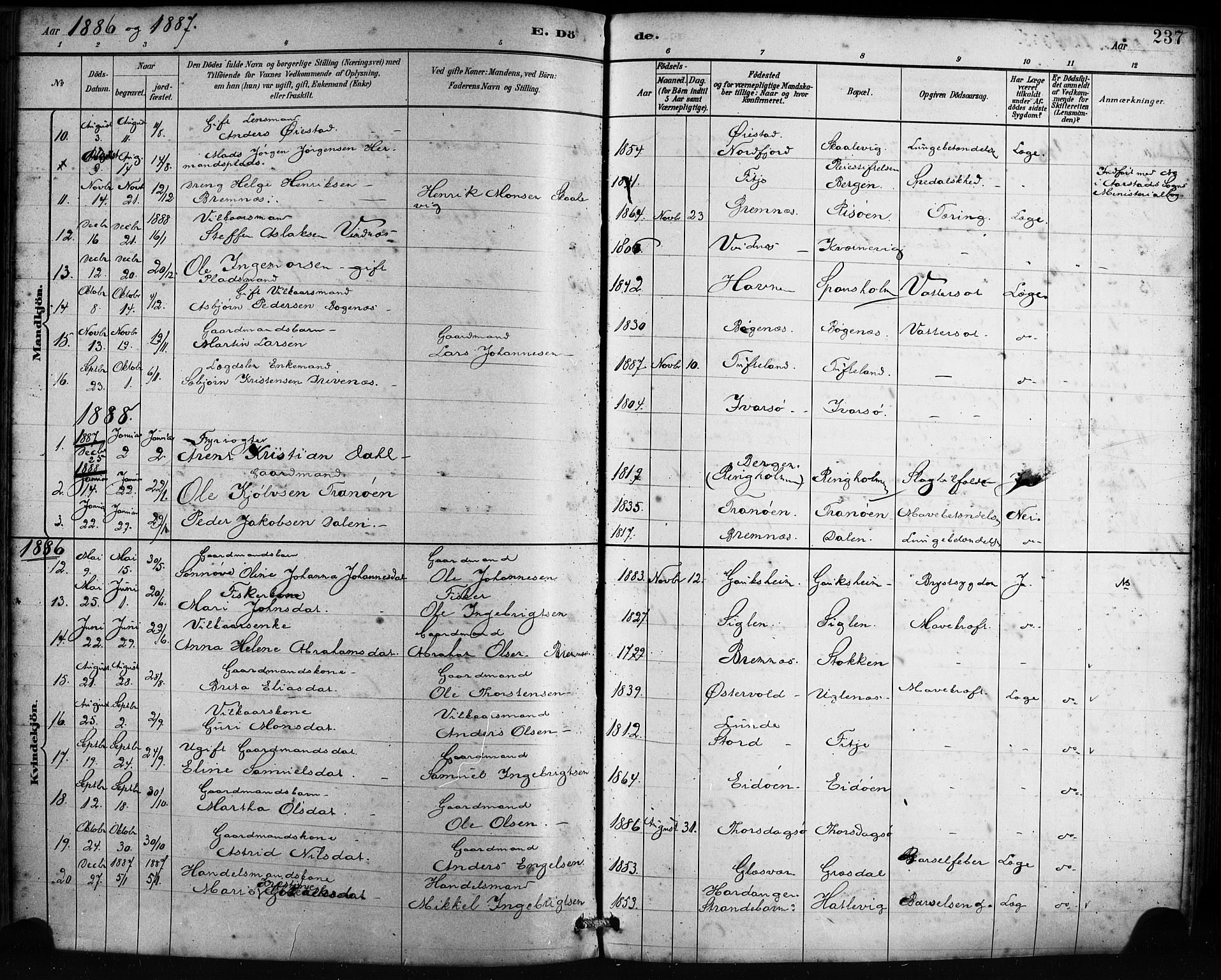 Fitjar sokneprestembete, AV/SAB-A-99926: Parish register (official) no. A 2, 1882-1899, p. 237