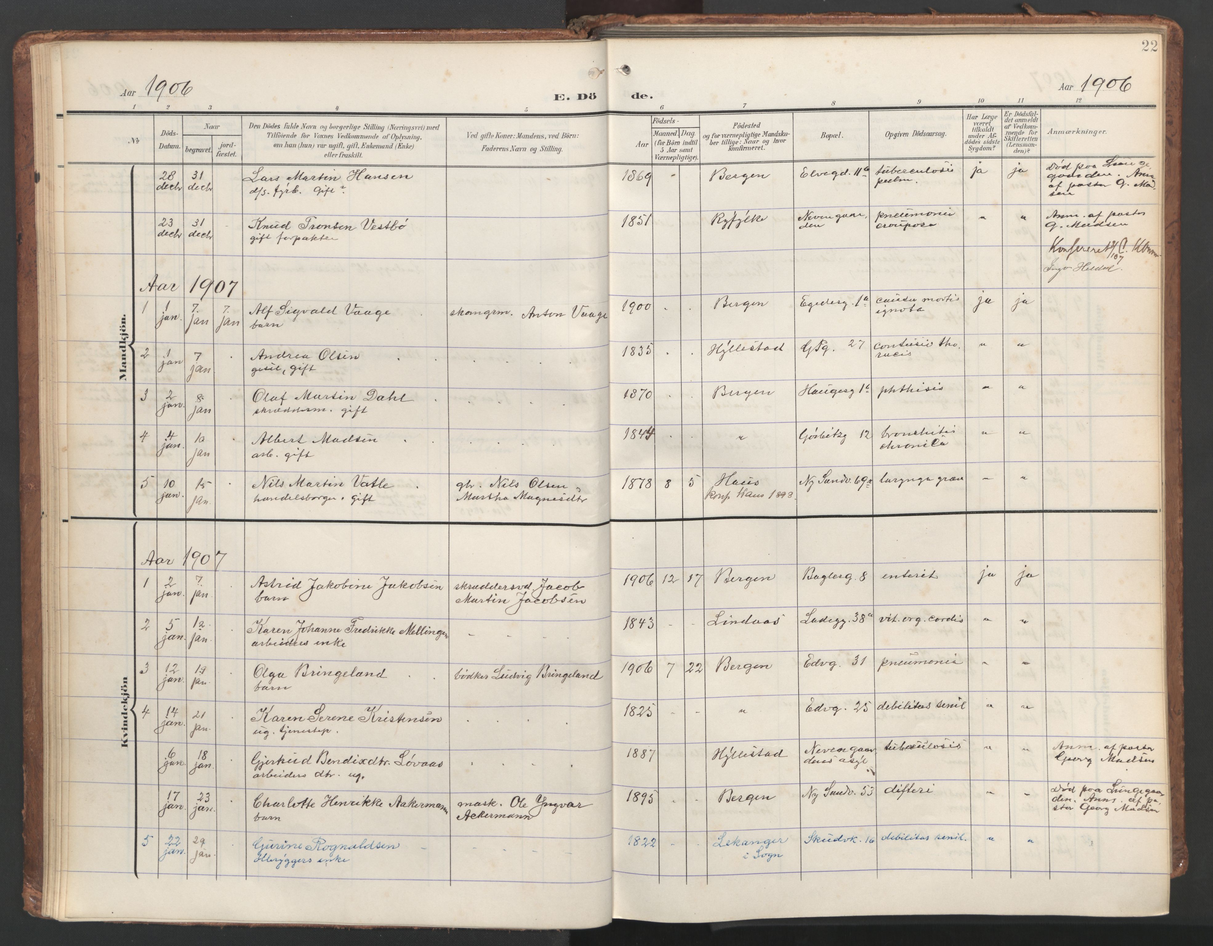 Sandviken Sokneprestembete, SAB/A-77601/H/Ha/L0019: Parish register (official) no. E 2, 1905-1933, p. 22