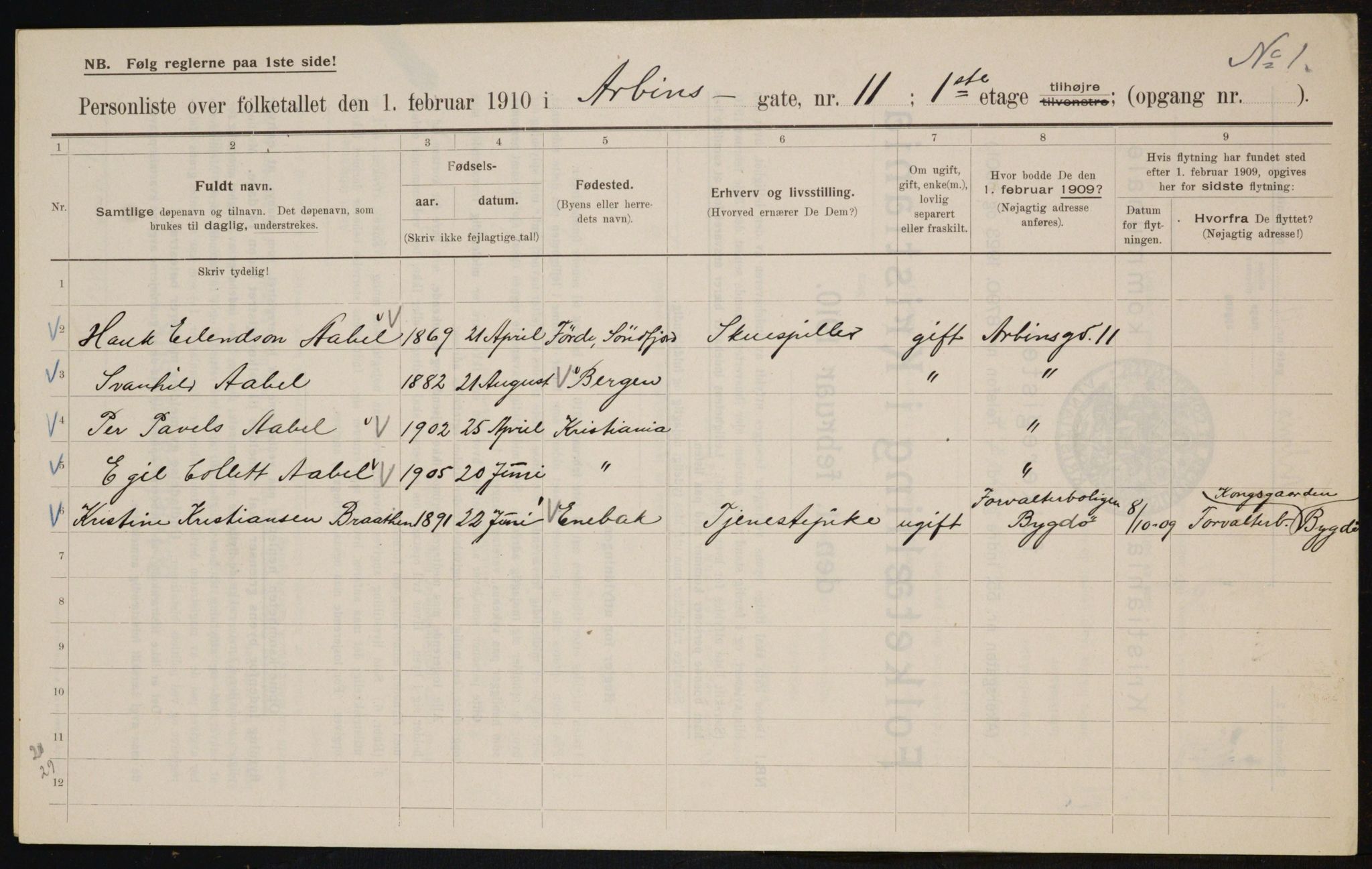 OBA, Municipal Census 1910 for Kristiania, 1910, p. 1567