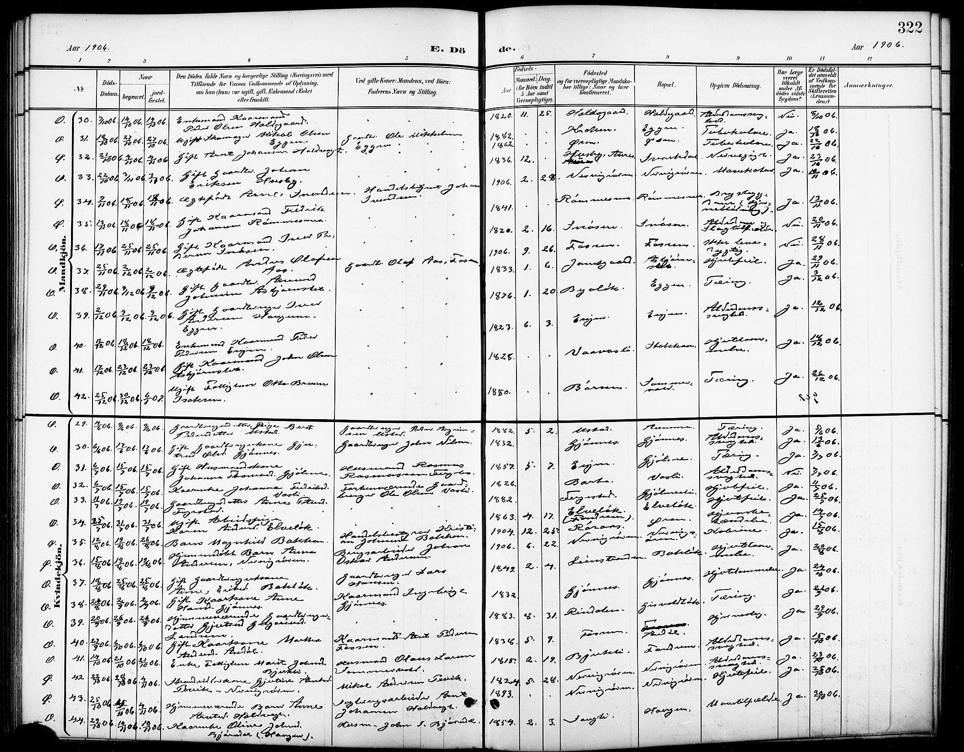 Ministerialprotokoller, klokkerbøker og fødselsregistre - Sør-Trøndelag, SAT/A-1456/668/L0819: Parish register (copy) no. 668C08, 1899-1912, p. 322
