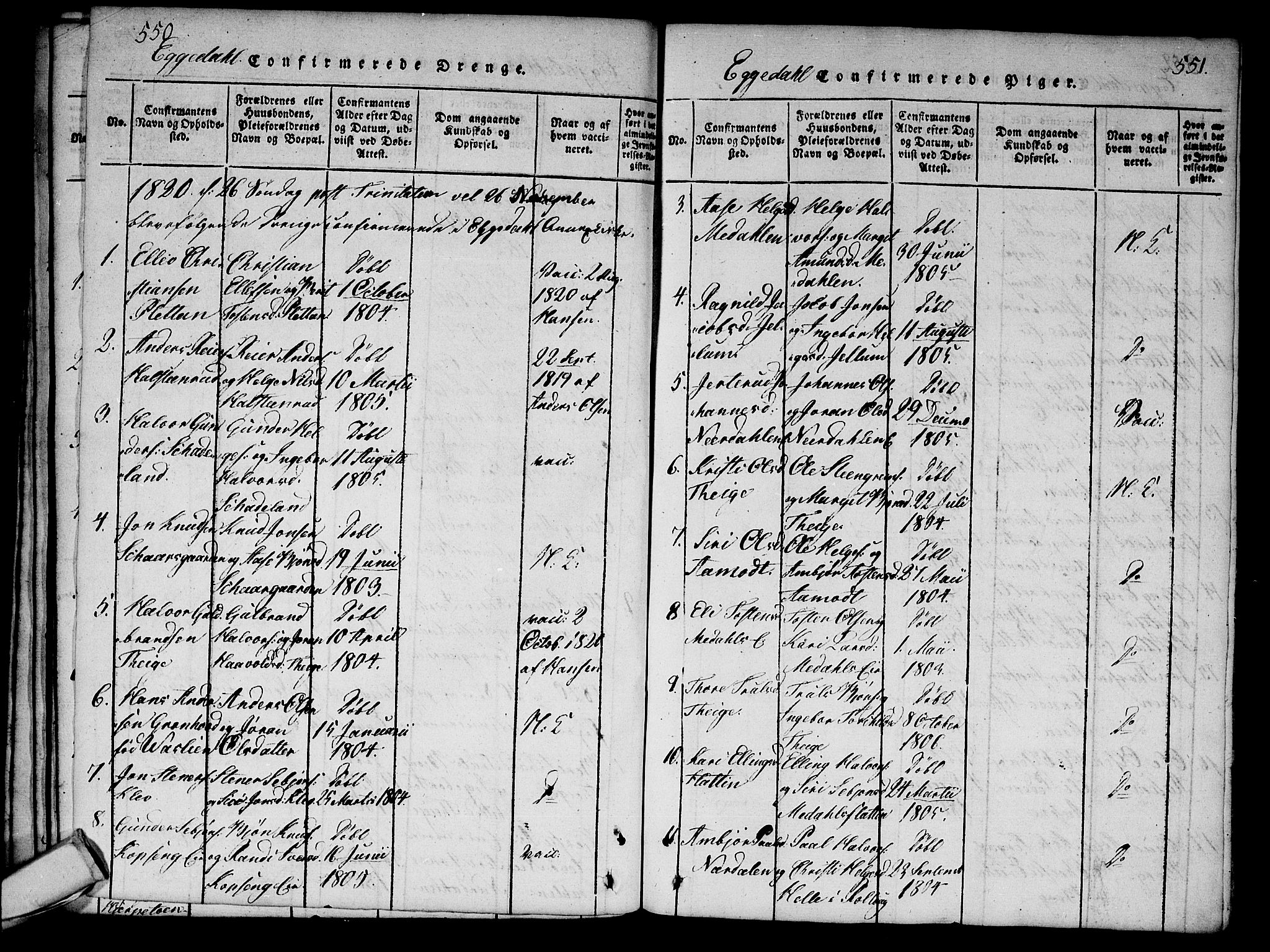 Sigdal kirkebøker, AV/SAKO-A-245/G/Ga/L0001: Parish register (copy) no. I 1 /2, 1816-1835, p. 550-551