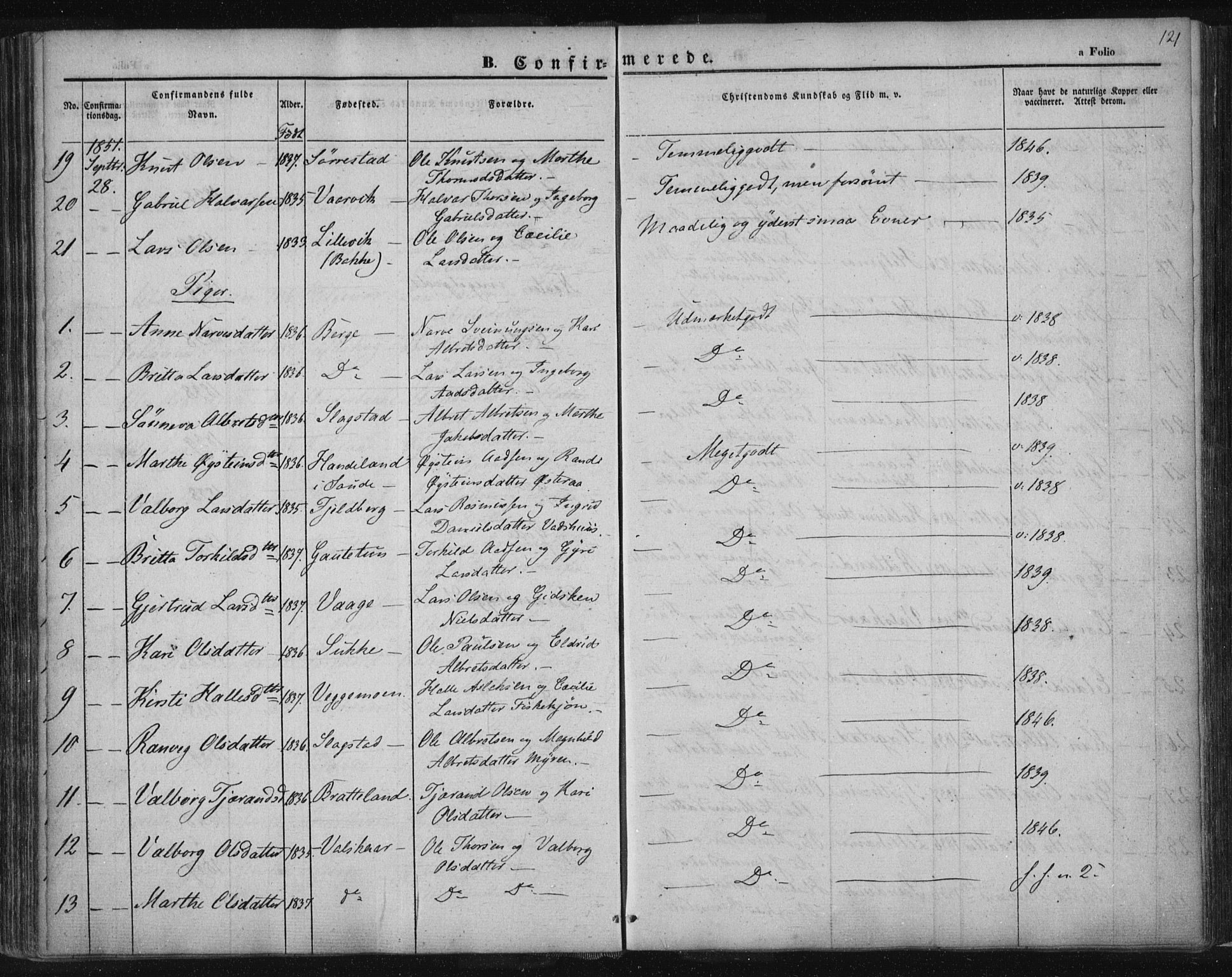 Suldal sokneprestkontor, AV/SAST-A-101845/01/IV/L0008: Parish register (official) no. A 8, 1836-1853, p. 121