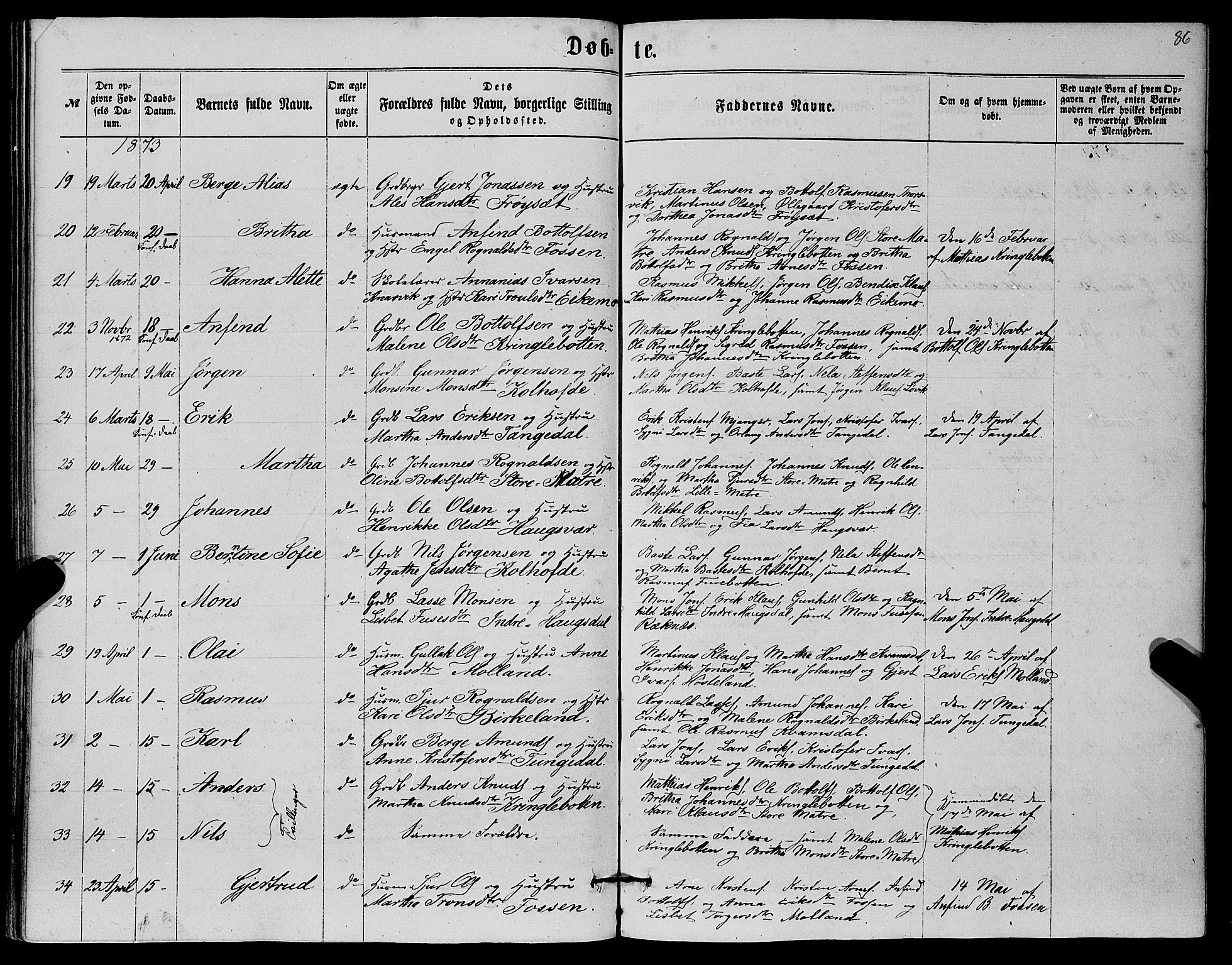 Masfjorden sokneprestembete, AV/SAB-A-77001: Parish register (copy) no. A 1, 1851-1875, p. 86