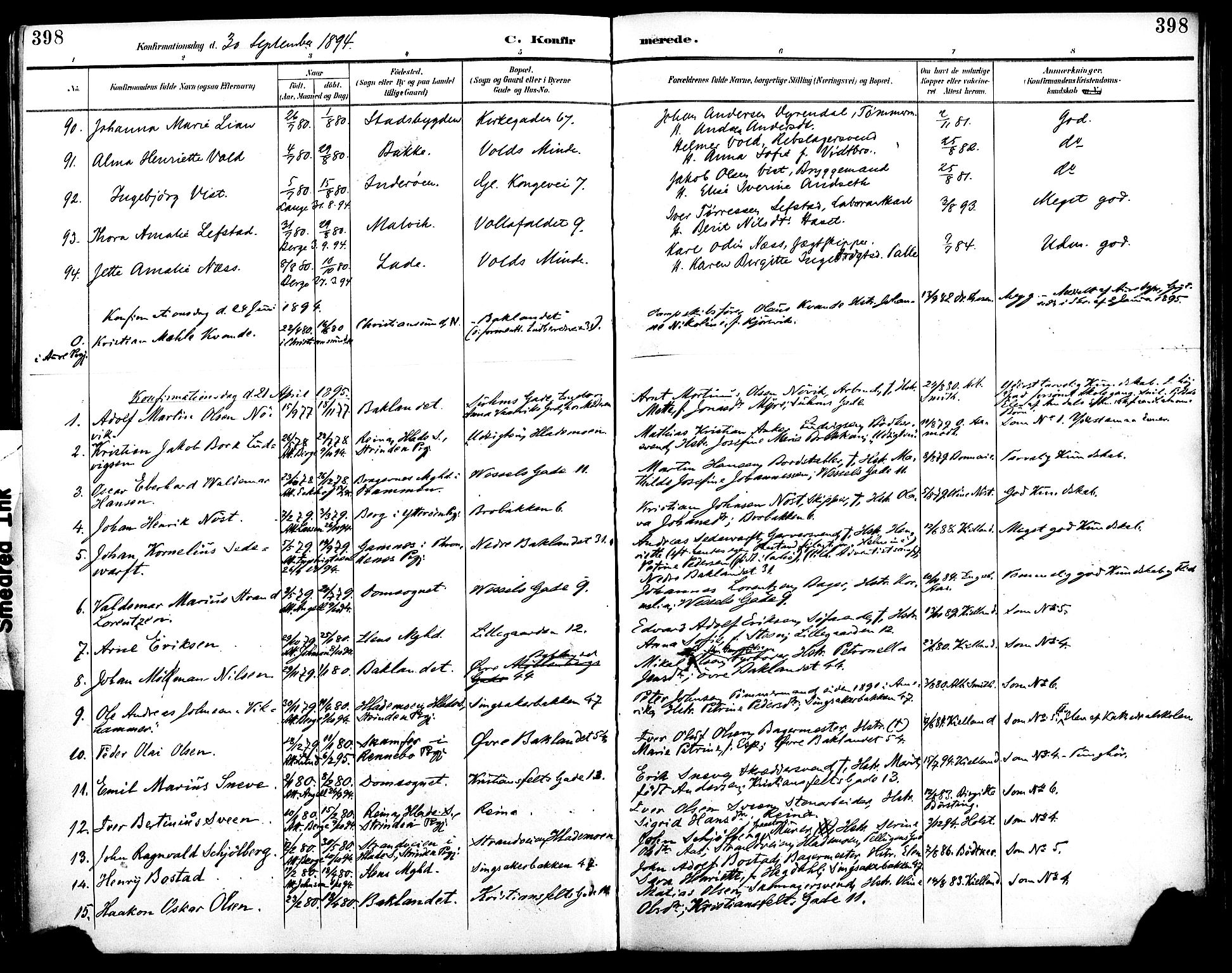 Ministerialprotokoller, klokkerbøker og fødselsregistre - Sør-Trøndelag, SAT/A-1456/604/L0197: Parish register (official) no. 604A18, 1893-1900, p. 398