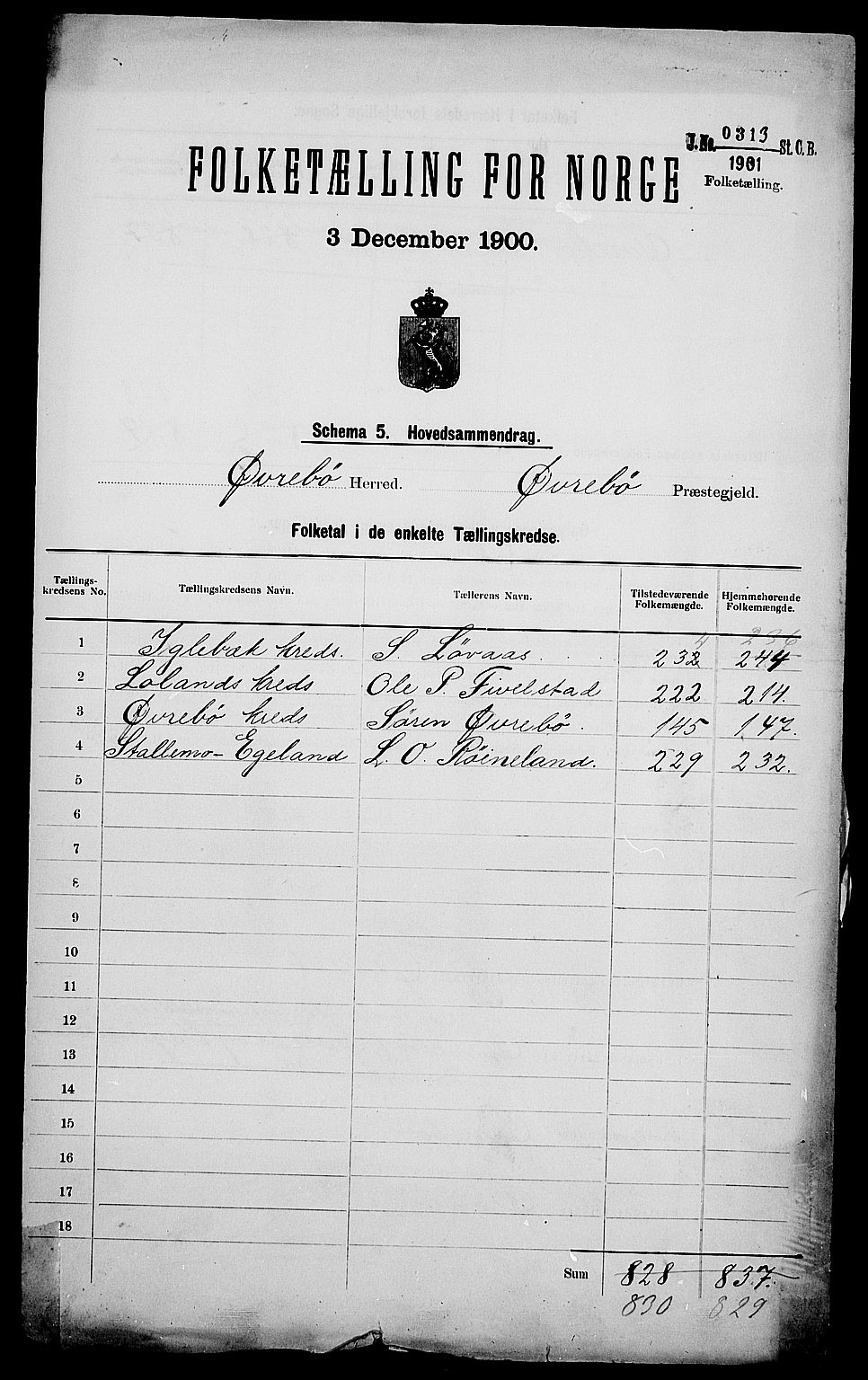 SAK, 1900 census for Øvrebø, 1900, p. 2