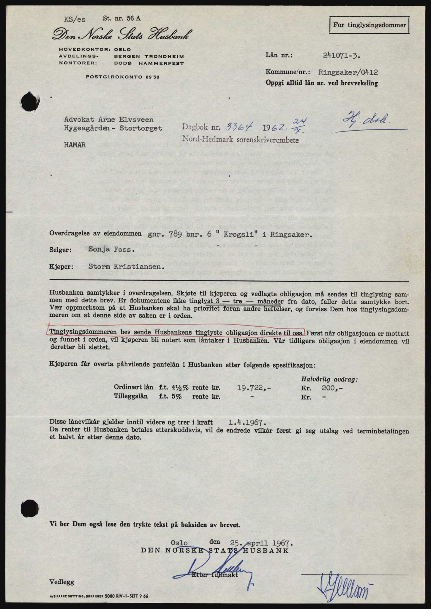 Nord-Hedmark sorenskriveri, SAH/TING-012/H/Hc/L0026: Mortgage book no. 26, 1967-1967, Diary no: : 3364/1967