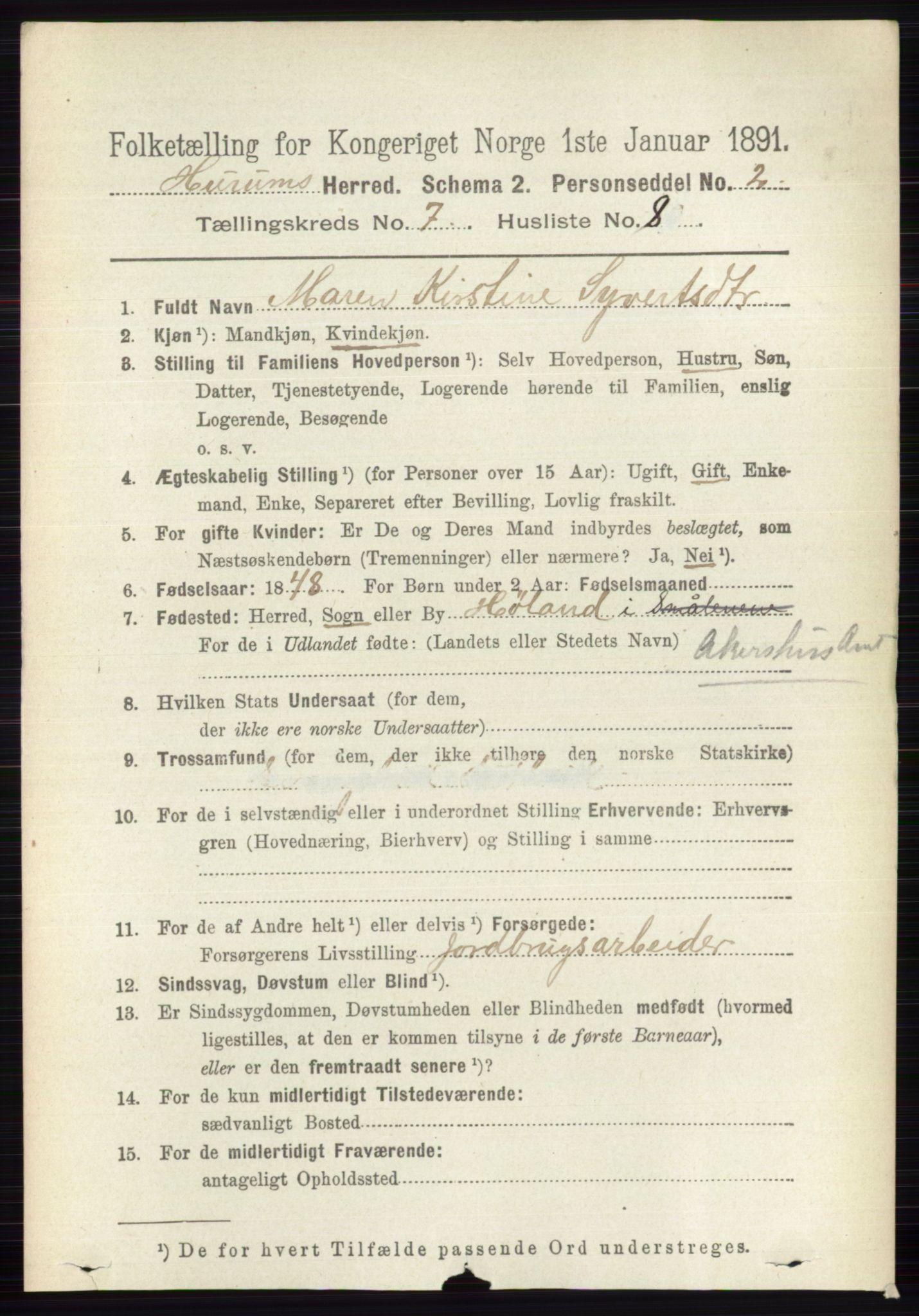 RA, 1891 census for 0628 Hurum, 1891, p. 2327