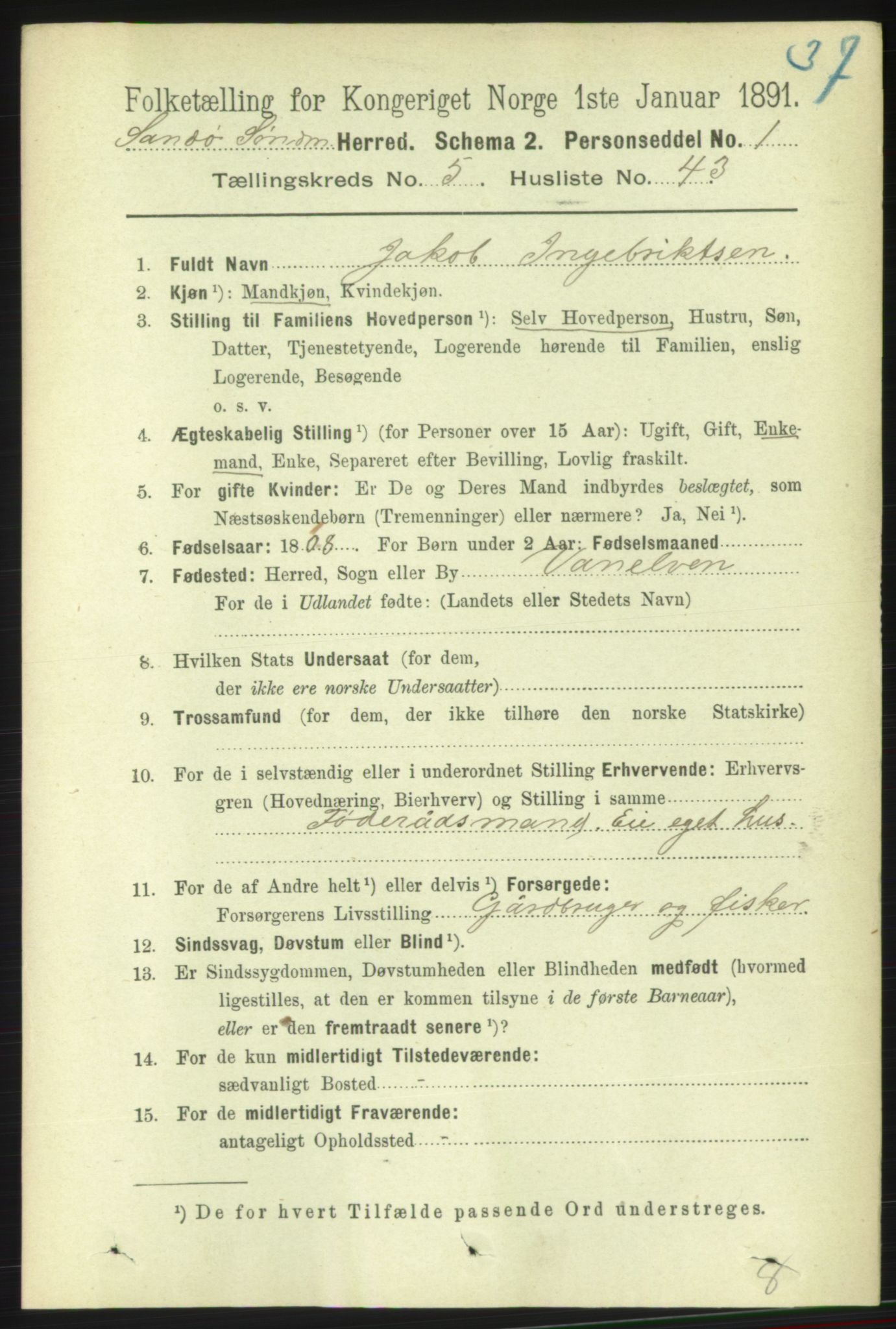 RA, 1891 census for 1514 Sande, 1891, p. 930