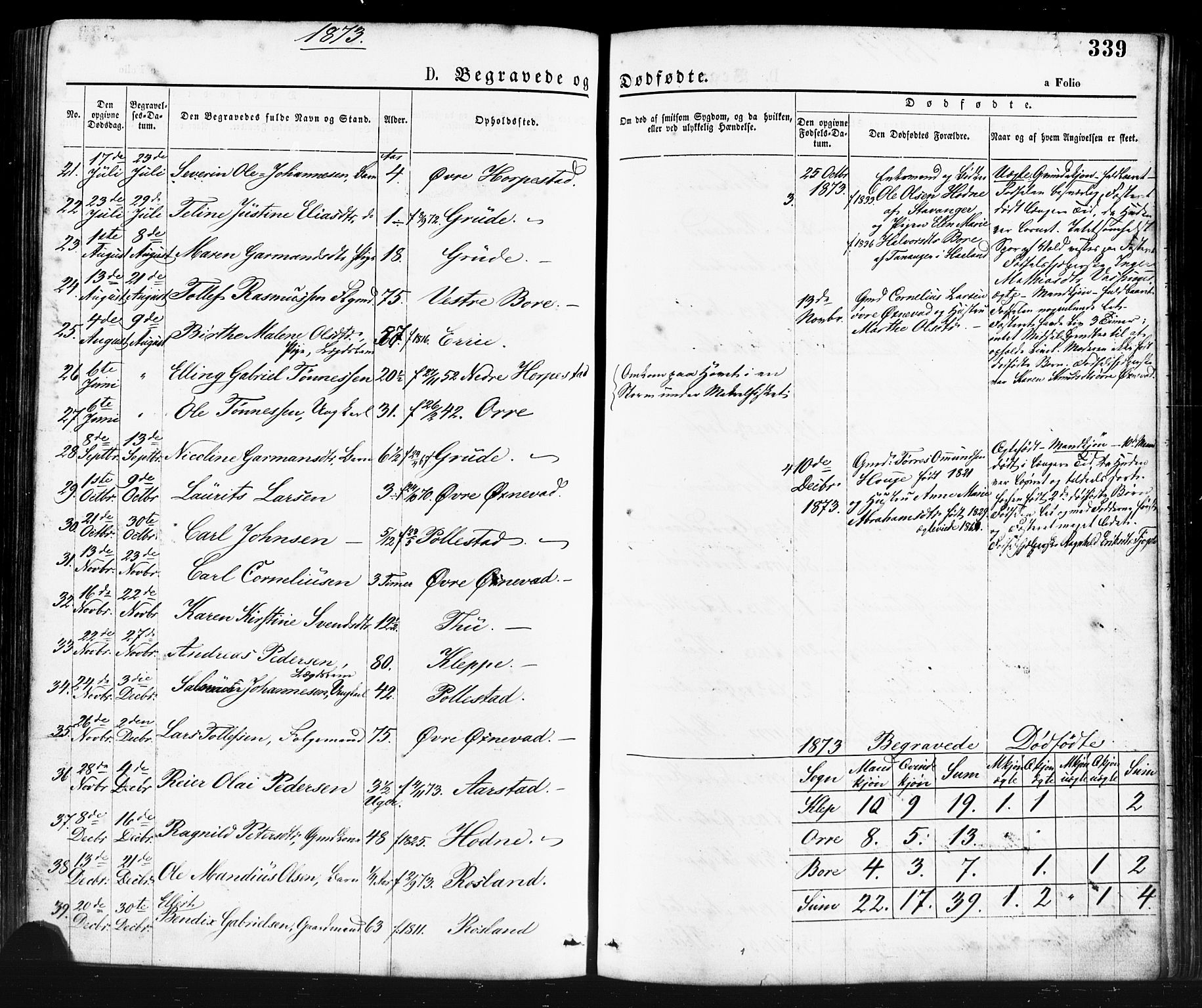 Klepp sokneprestkontor, AV/SAST-A-101803/001/3/30BA/L0006: Parish register (official) no. A 6, 1871-1885, p. 339