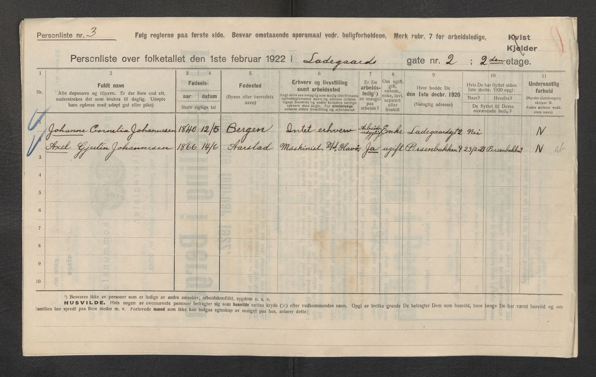 SAB, Municipal Census 1922 for Bergen, 1922, p. 21155