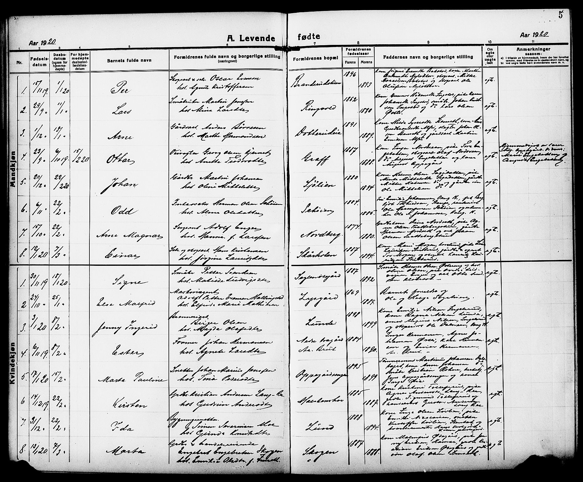 Løten prestekontor, AV/SAH-PREST-022/L/La/L0008: Parish register (copy) no. 8, 1920-1929, p. 5